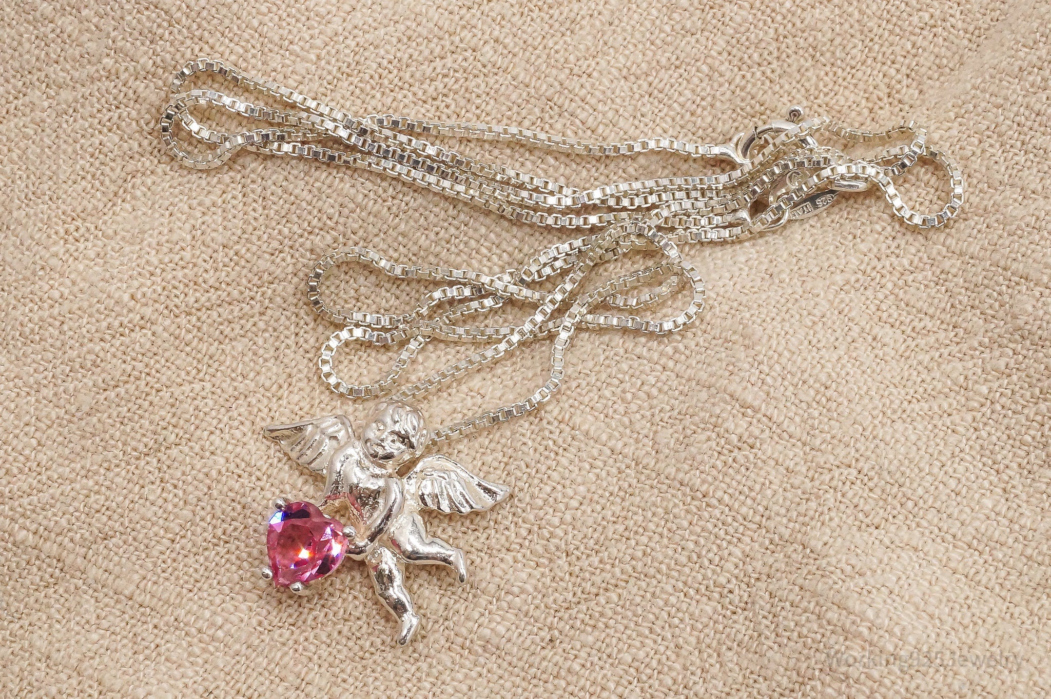 Vintage Angel Cherub Pink Gemstone Sterling Silver Necklace 18"