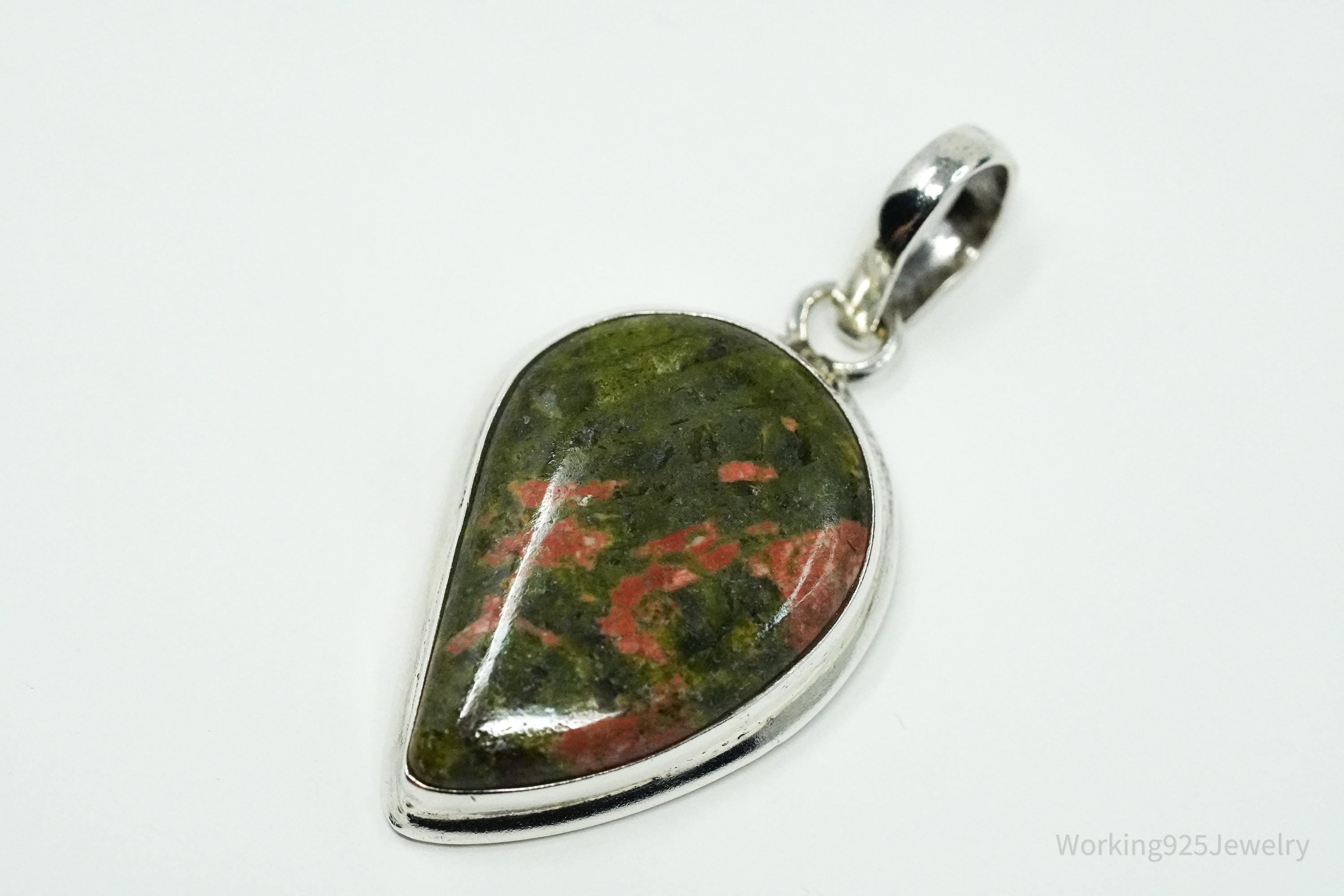 Vintage Large Unakite Sterling Silver Necklace Pendant