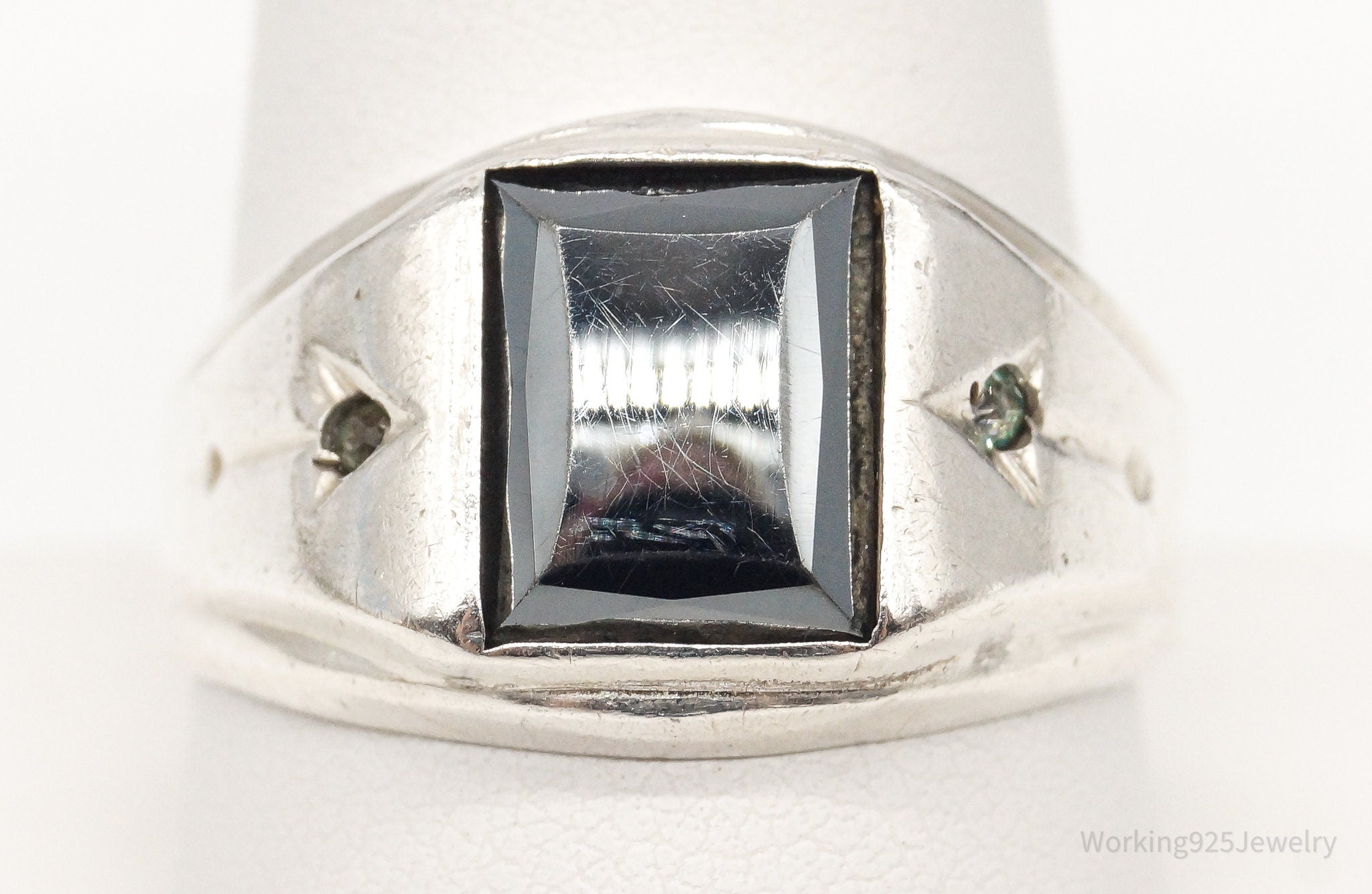 Vintage ESPO Hematite Rhinestone Sterling Silver Ring - Size 10.25