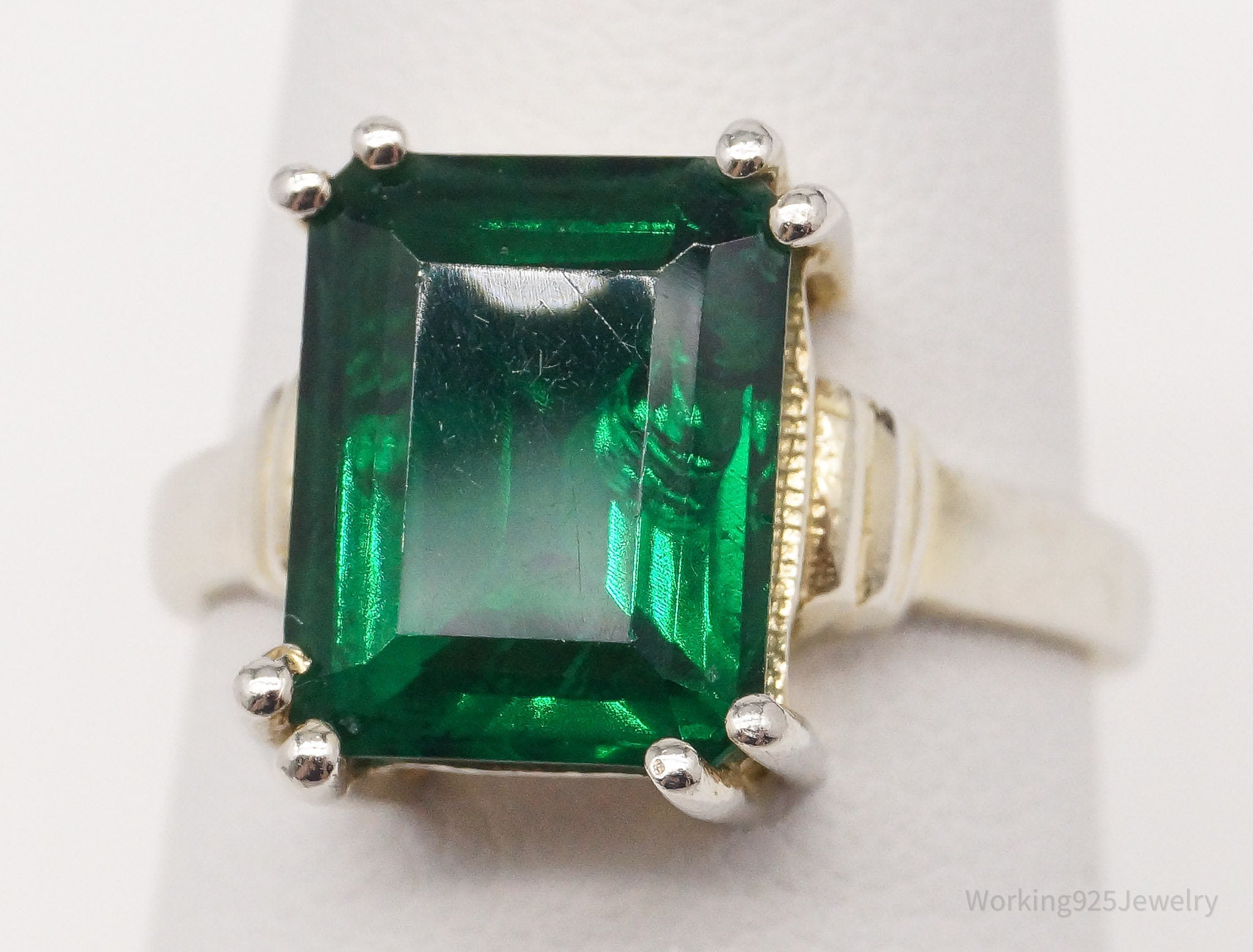 Vintage Lab Emerald Gold Wash Sterling Silver Ring Size 7