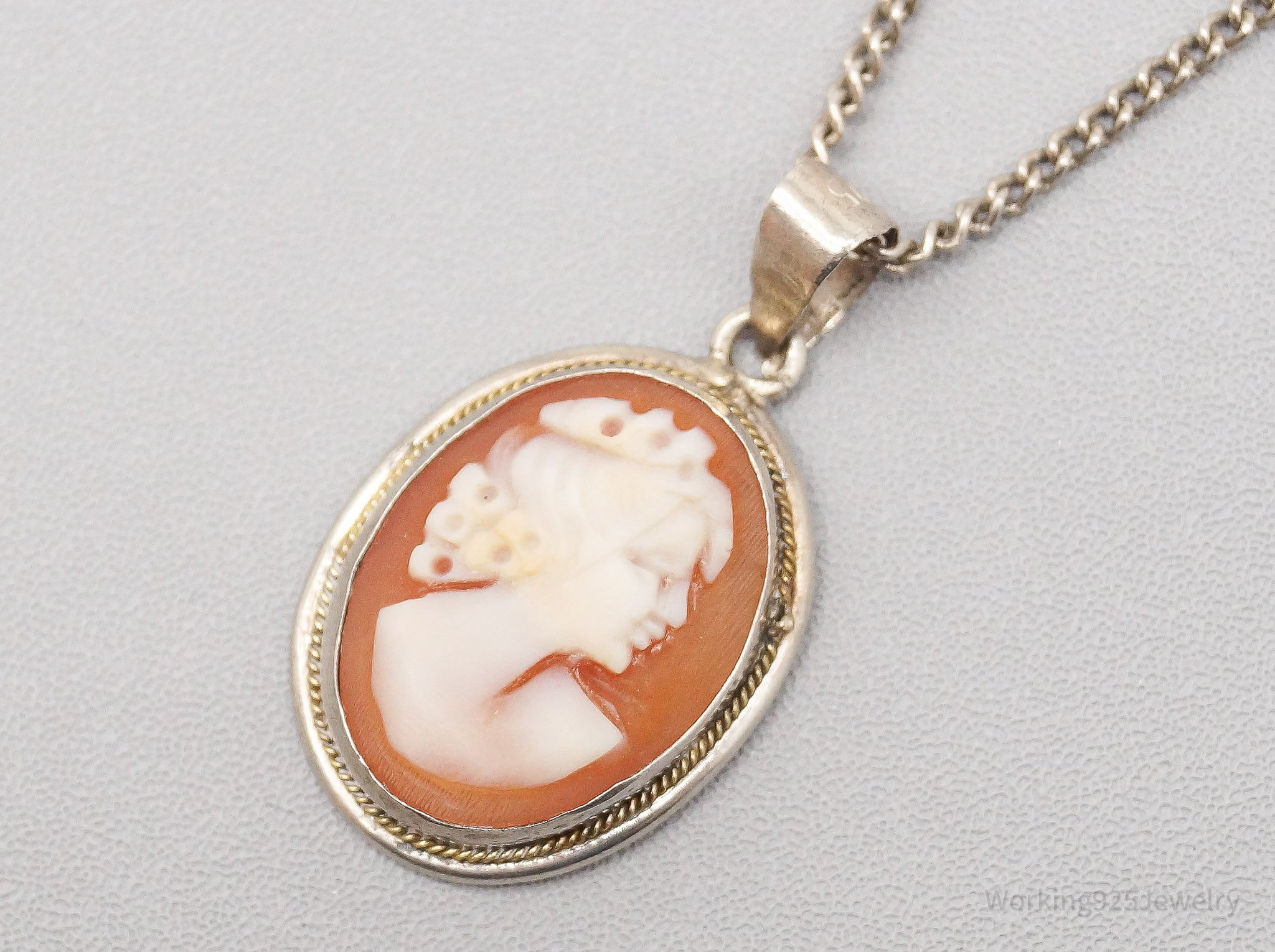 Vintage Carved Shell Woman Cameo Sterling Silver Necklace