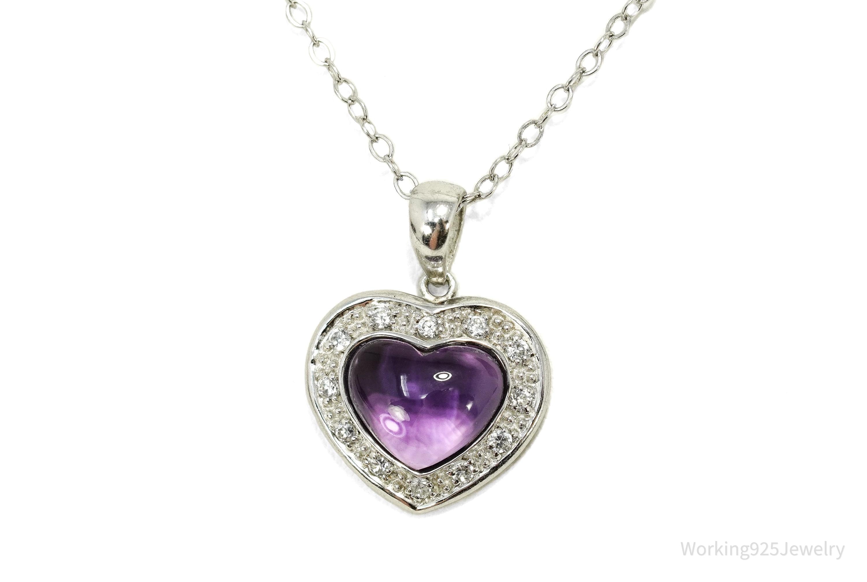 Vintage Amethyst & Cubic Zirconia Sterling Silver Heart Chain Necklace 20"