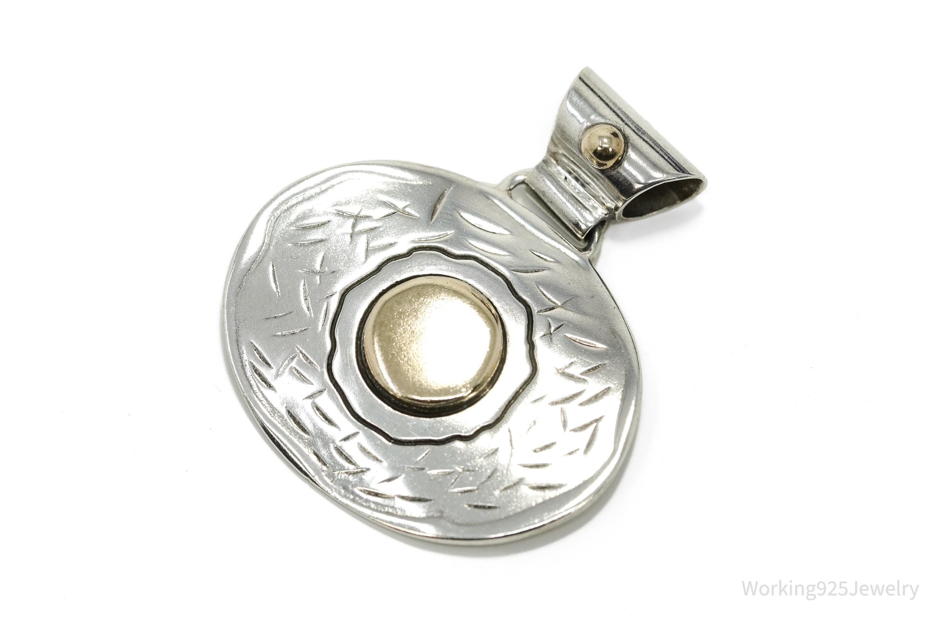 Large Vintage ATI Mexico Two Tone Sterling Silver Necklace Pendant 1.75"