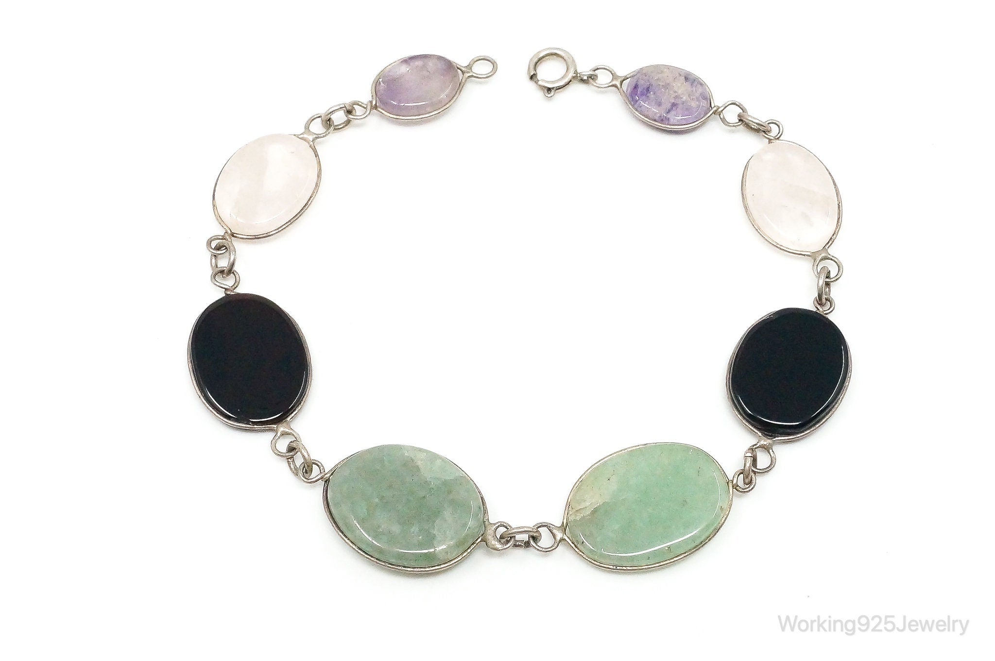 Vintage Moonstone Onyx Jade Sterling Silver Gemstone Bracelet