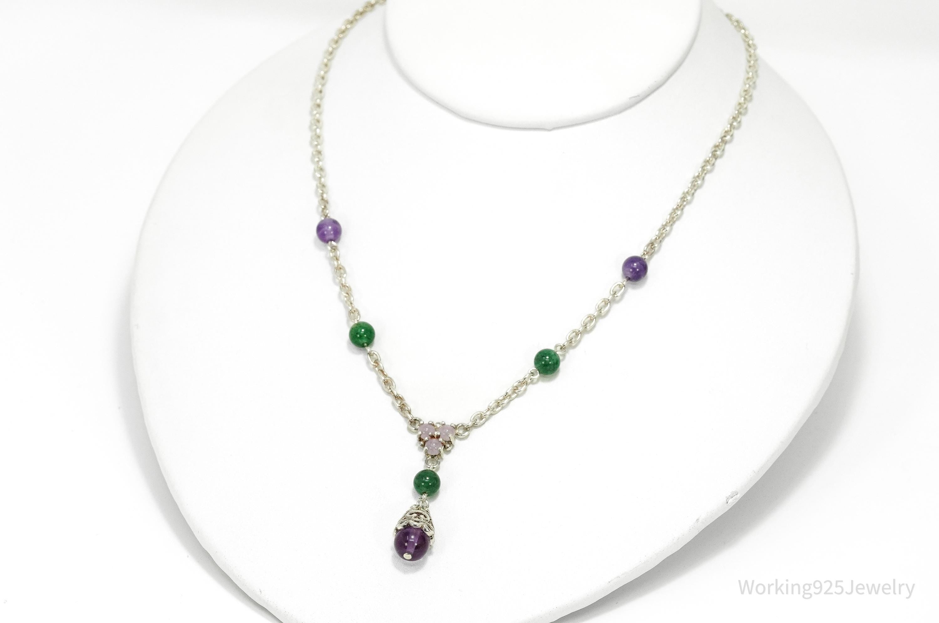 Vintage Jade & Amethyst Sterling Silver Necklace 17"