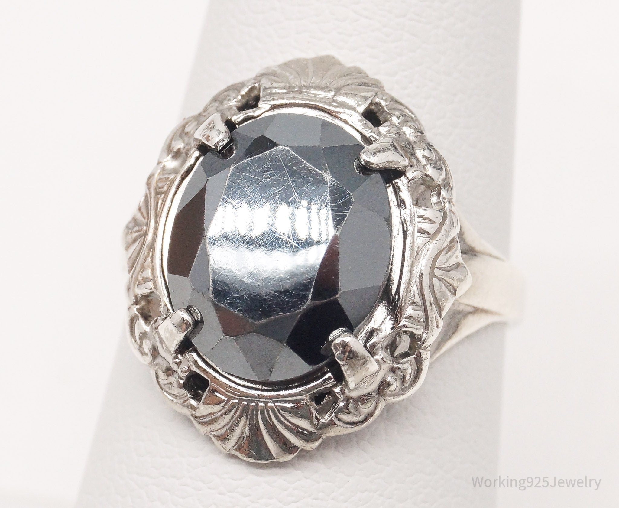Antique Designer LSP Co Hematite Edwardian Sterling Silver Ring - Size 7