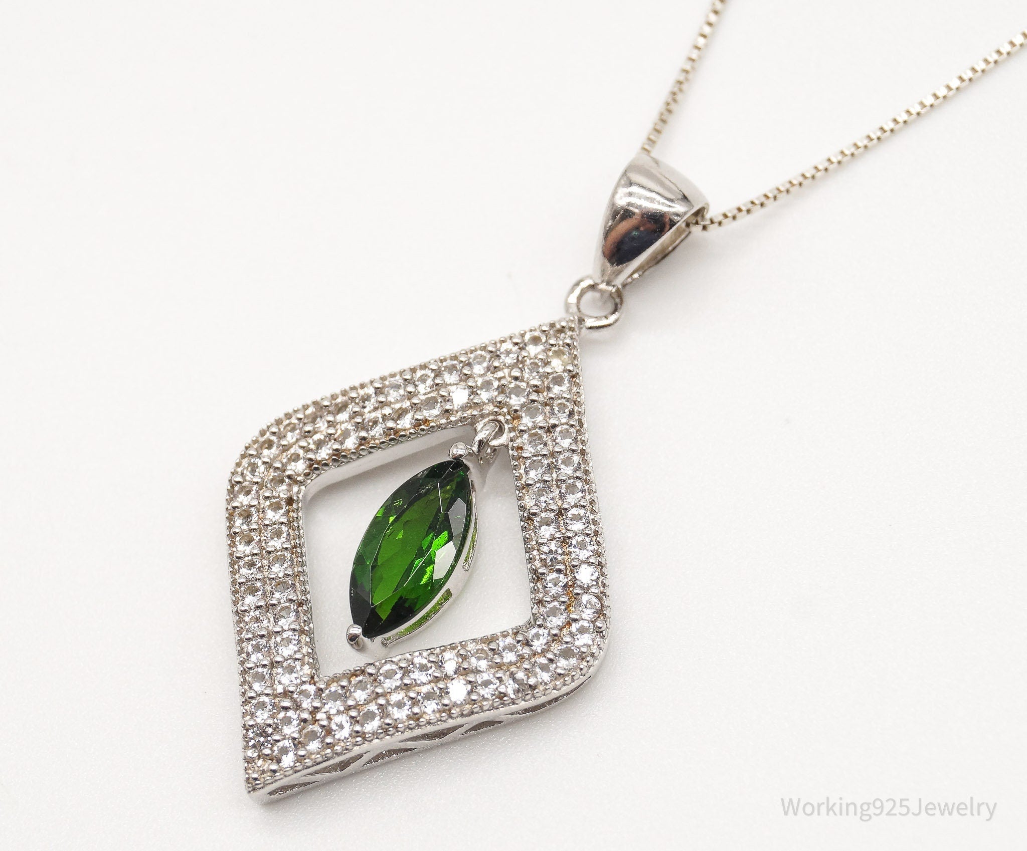 Vintage Lab Emerald Cubic Zirconia Sterling Silver Necklace