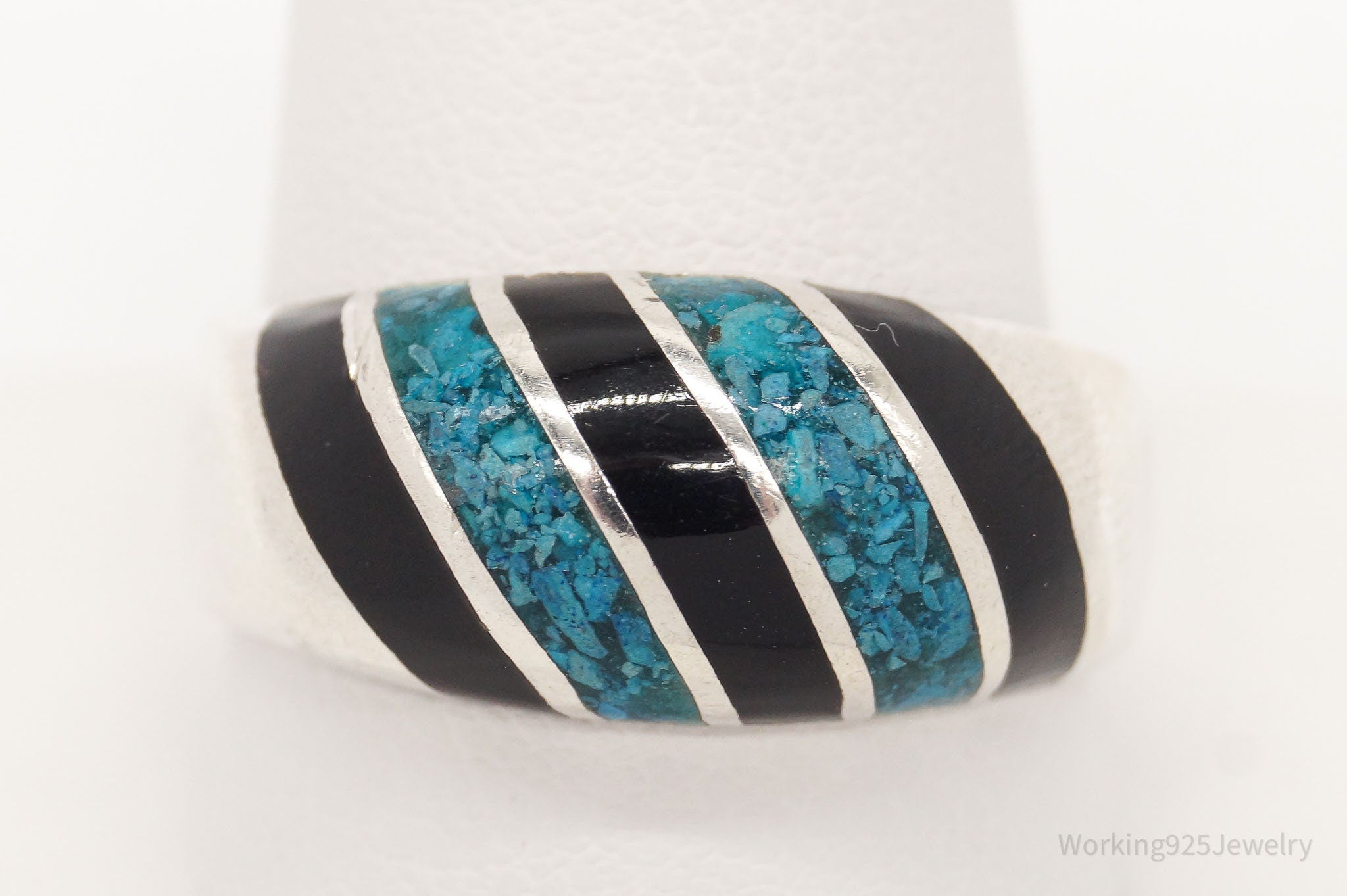 Vintage Mexico Blue Turquoise & Black Enamel Sterling Silver Ring - SZ 11.5