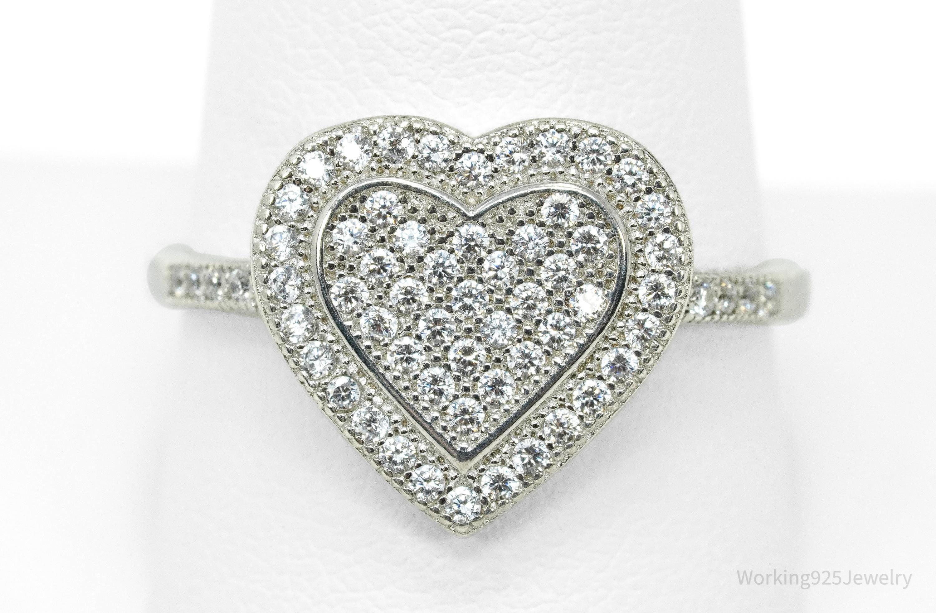 Vintage Cubic Zirconia Heart Sterling Silver Ring - Size 10.25
