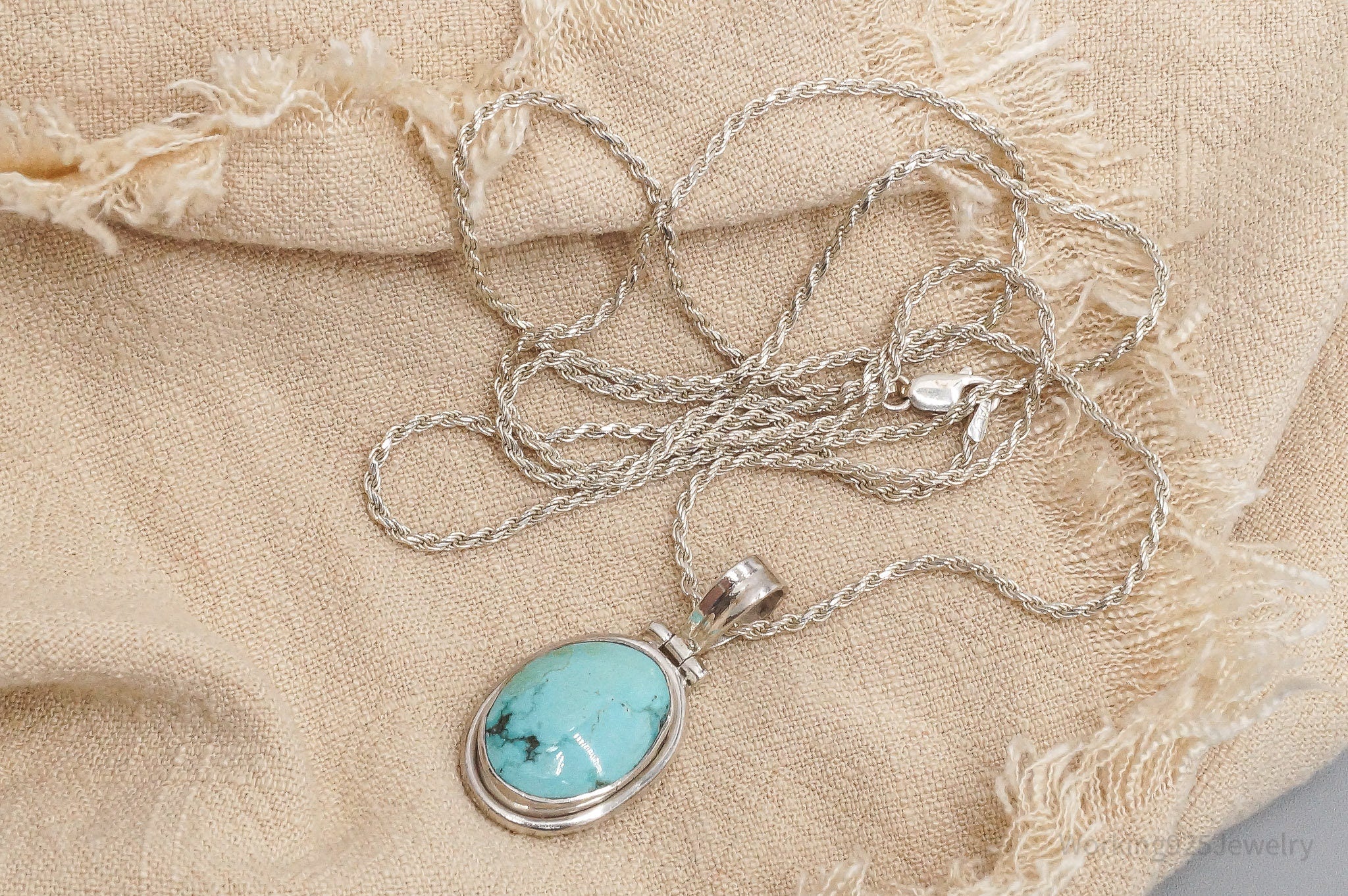 Vintage Large Blue Turquoise Pendant Sterling Silver Necklace 30"