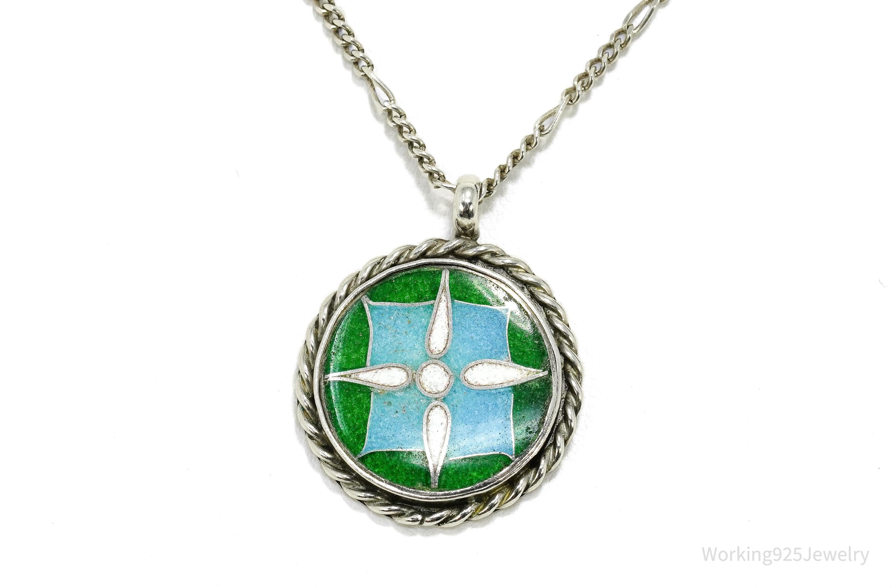 Vintage Green, Blue & White Enamel Inlay Sterling Silver Necklace 18"