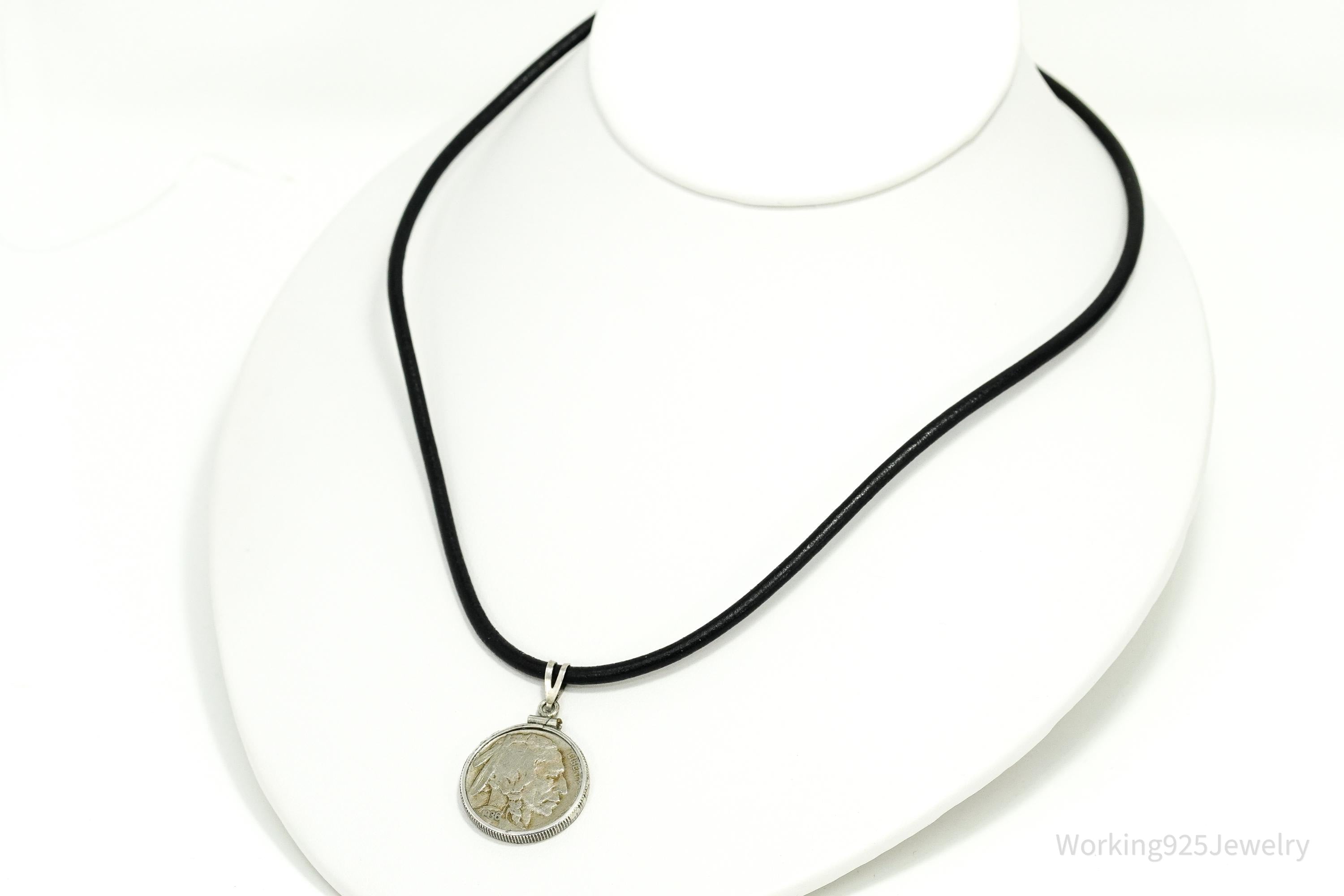 Vintage 1936 Buffalo Indian Nickel Coin Silver Pendant Leather Cord Necklace 17"