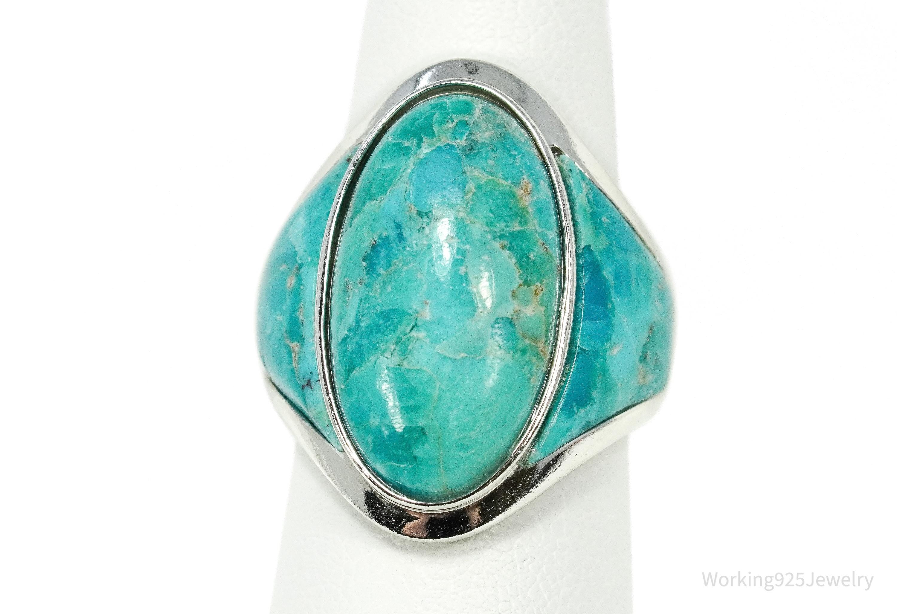 Large Turquoise Rhodium Over Sterling Silver Ring - Size 6