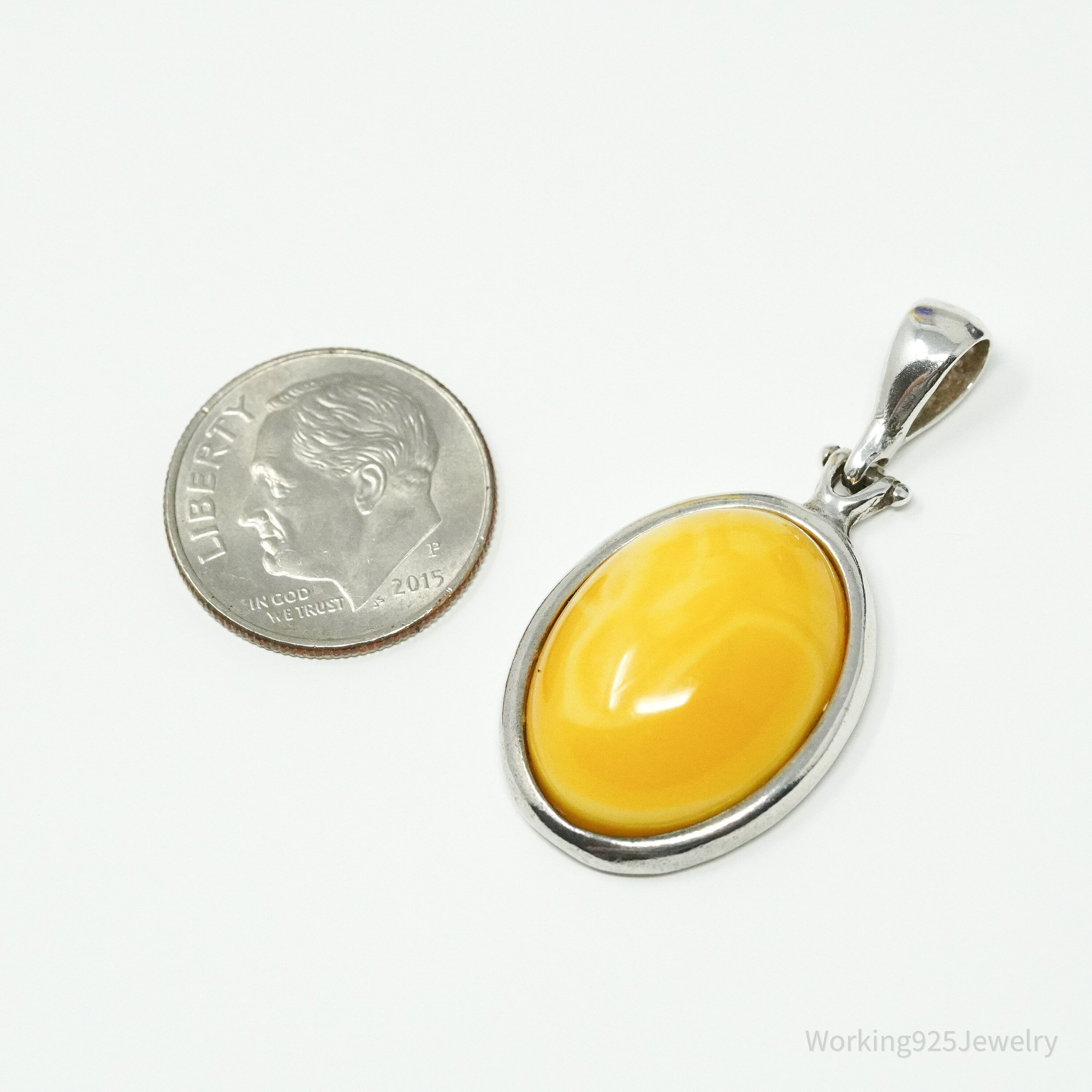 Vintage Yellow Amber Modernist Sterling Silver Necklace Pendant