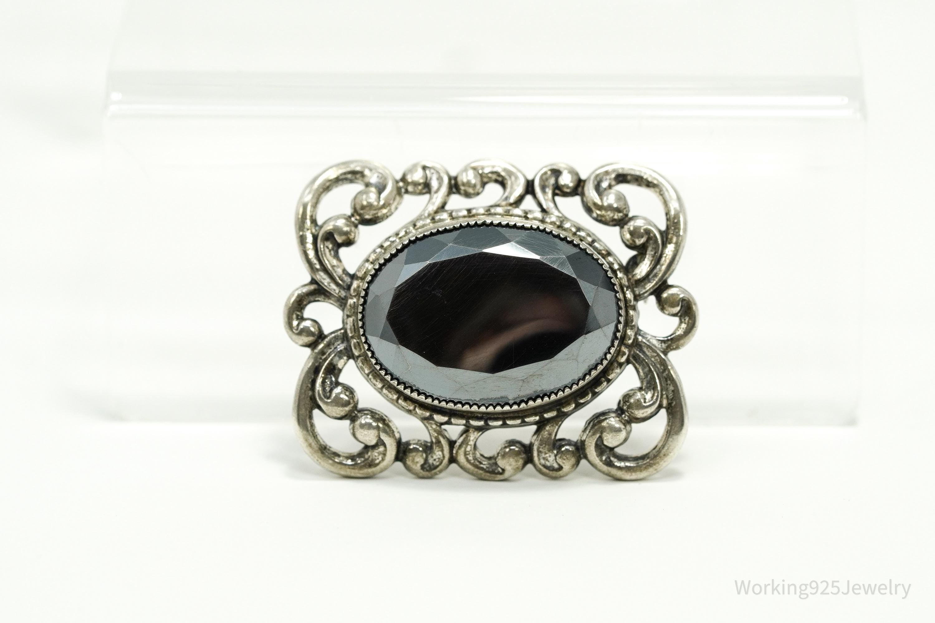 Vintage Designer Danecraft Hematite Ornate Sterling Silver Brooch Pin