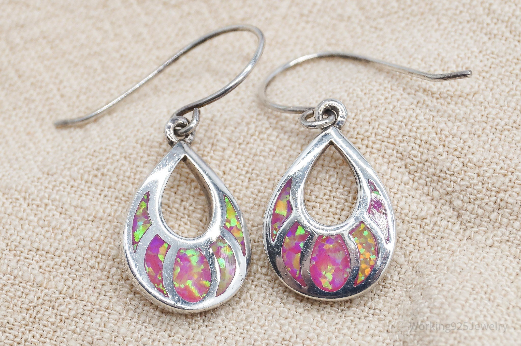 Vintage Lab Opal Inlay Sterling Silver Earrings