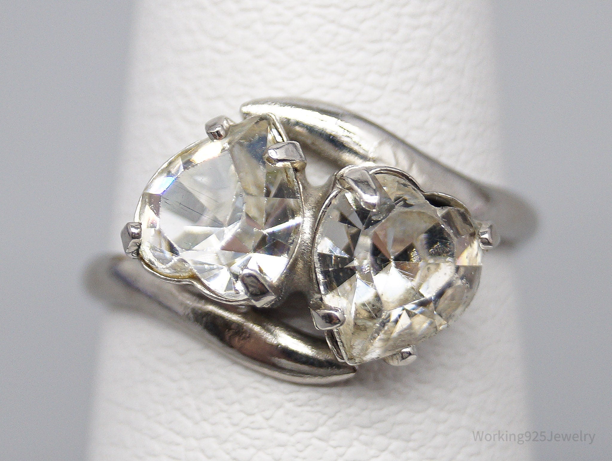 Vintage 1950s McGrath Hamin Rhinestone Hearts Sterling Silver Ring - Size 4.25