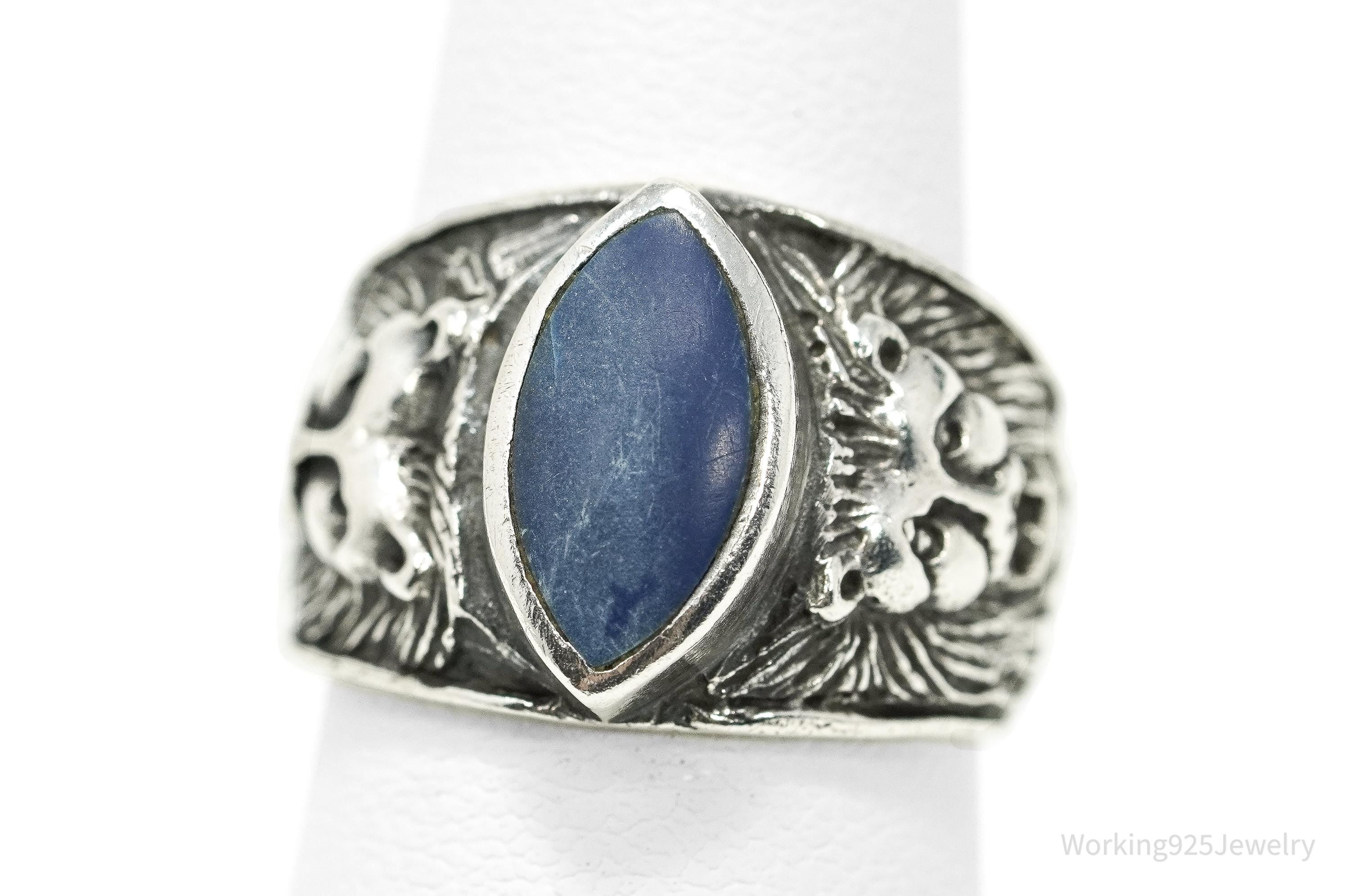 Vintage Blue Lapis Lazuli Lion Head Sterling Silver Ring - Size 6.5