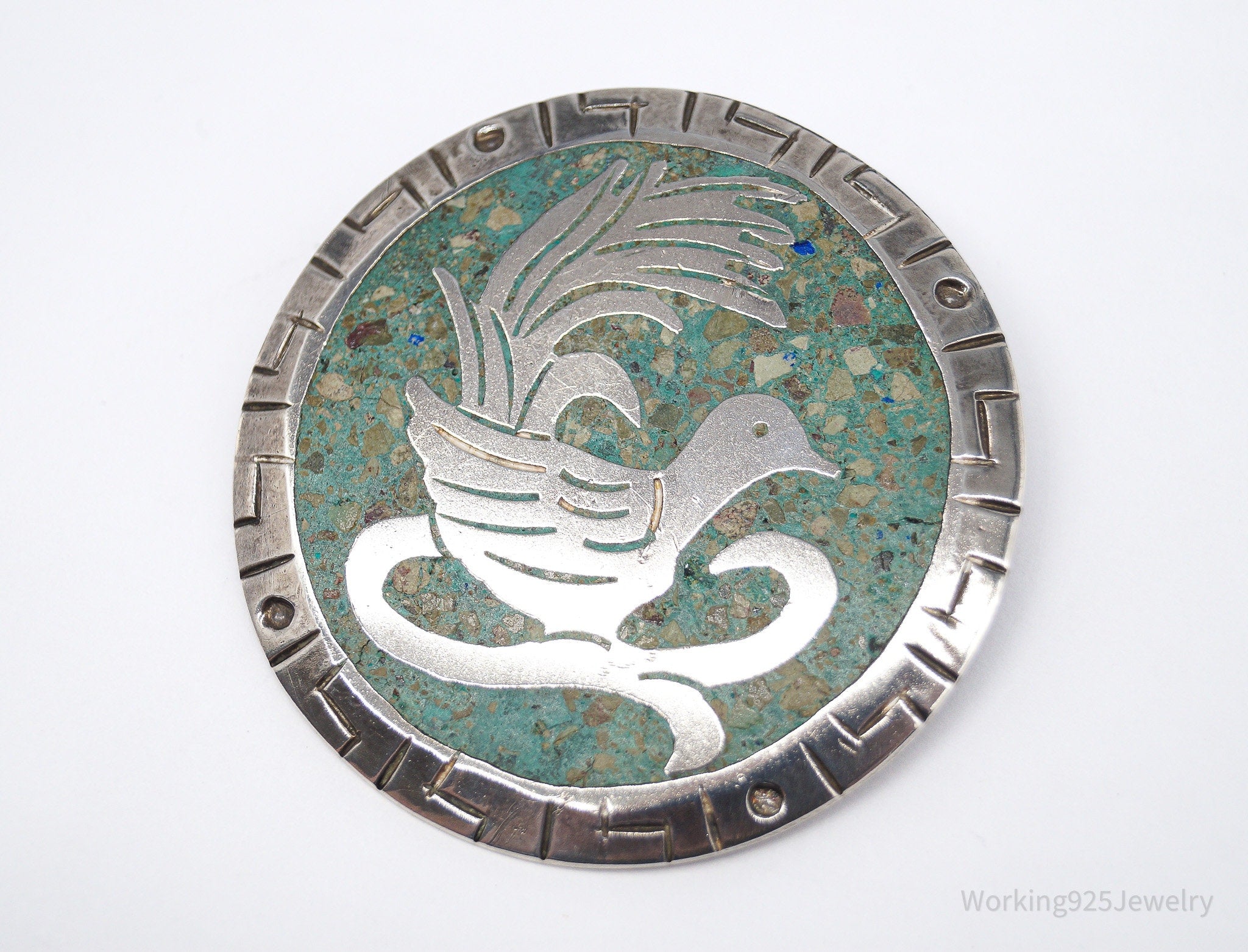 Vintage Large Mexico Gem Inlay Sterling Silver Brooch Pin Pendant 2"