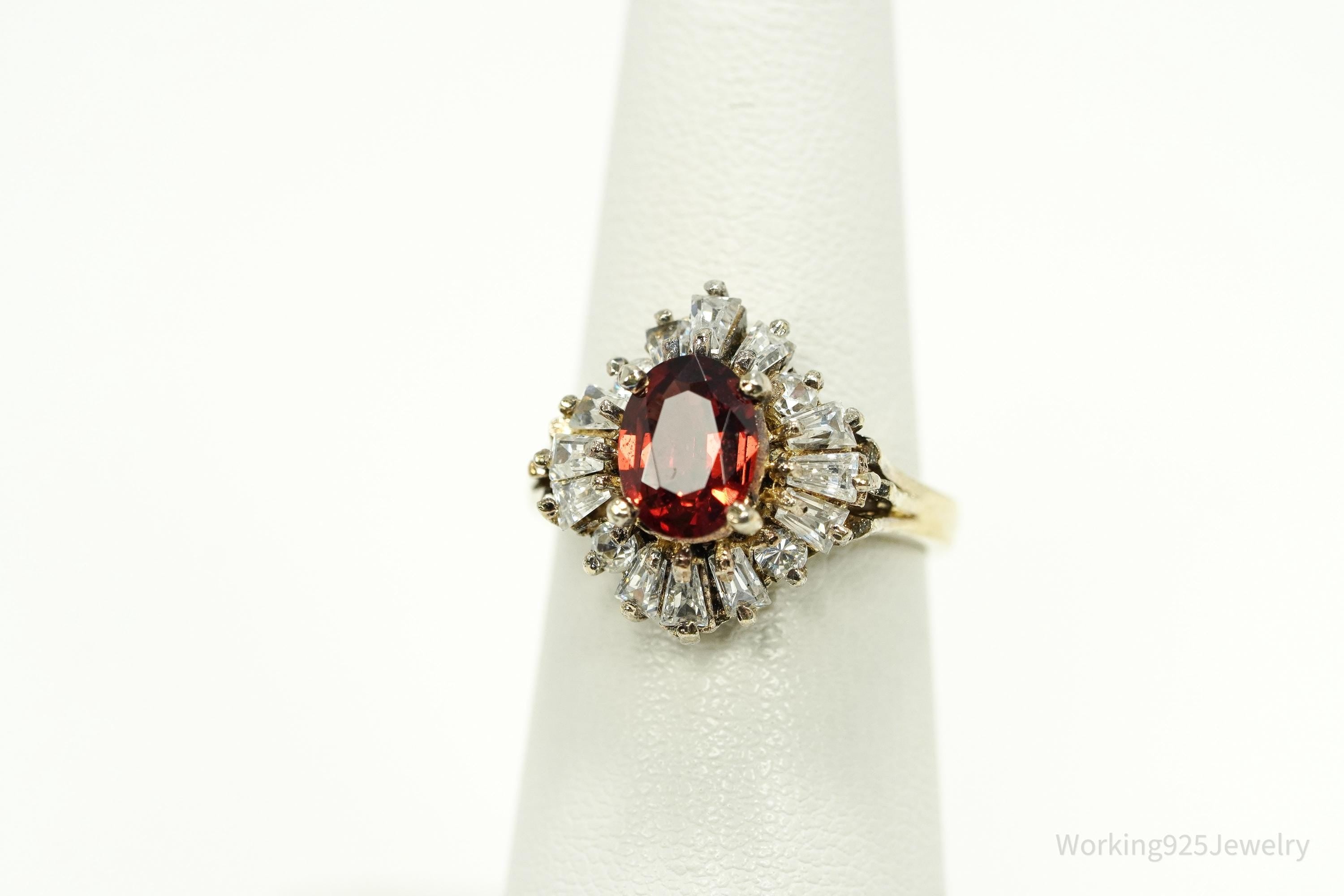 Vintage Garnet & Cubic Zirconia Gold Over Sterling Silver Ring Size 5.75