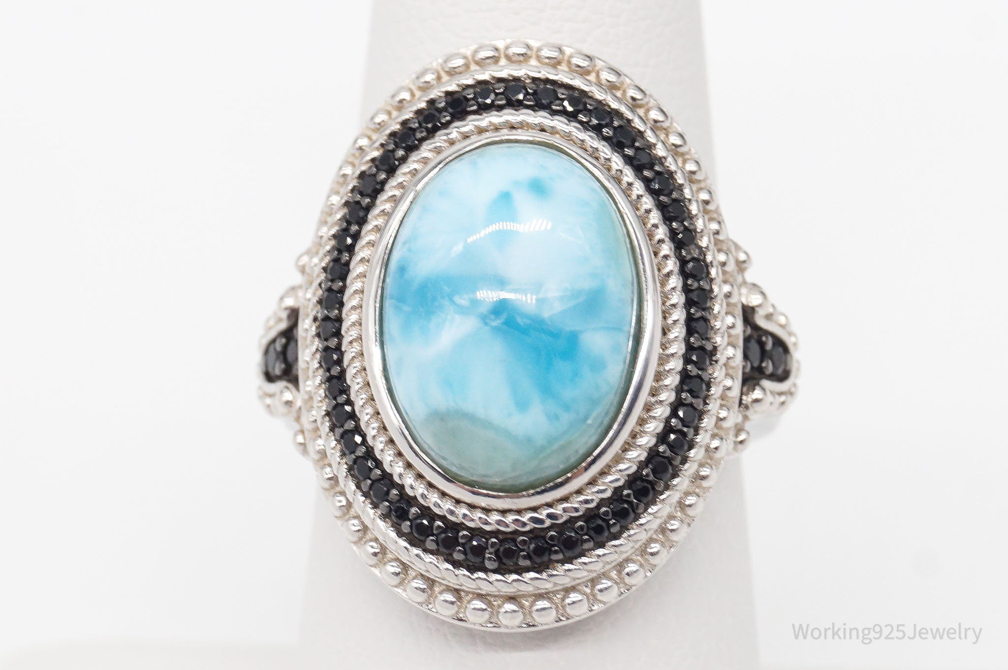 Vintage Blue Larimar Black Spinel Sterling Silver Ring - Size 7.75