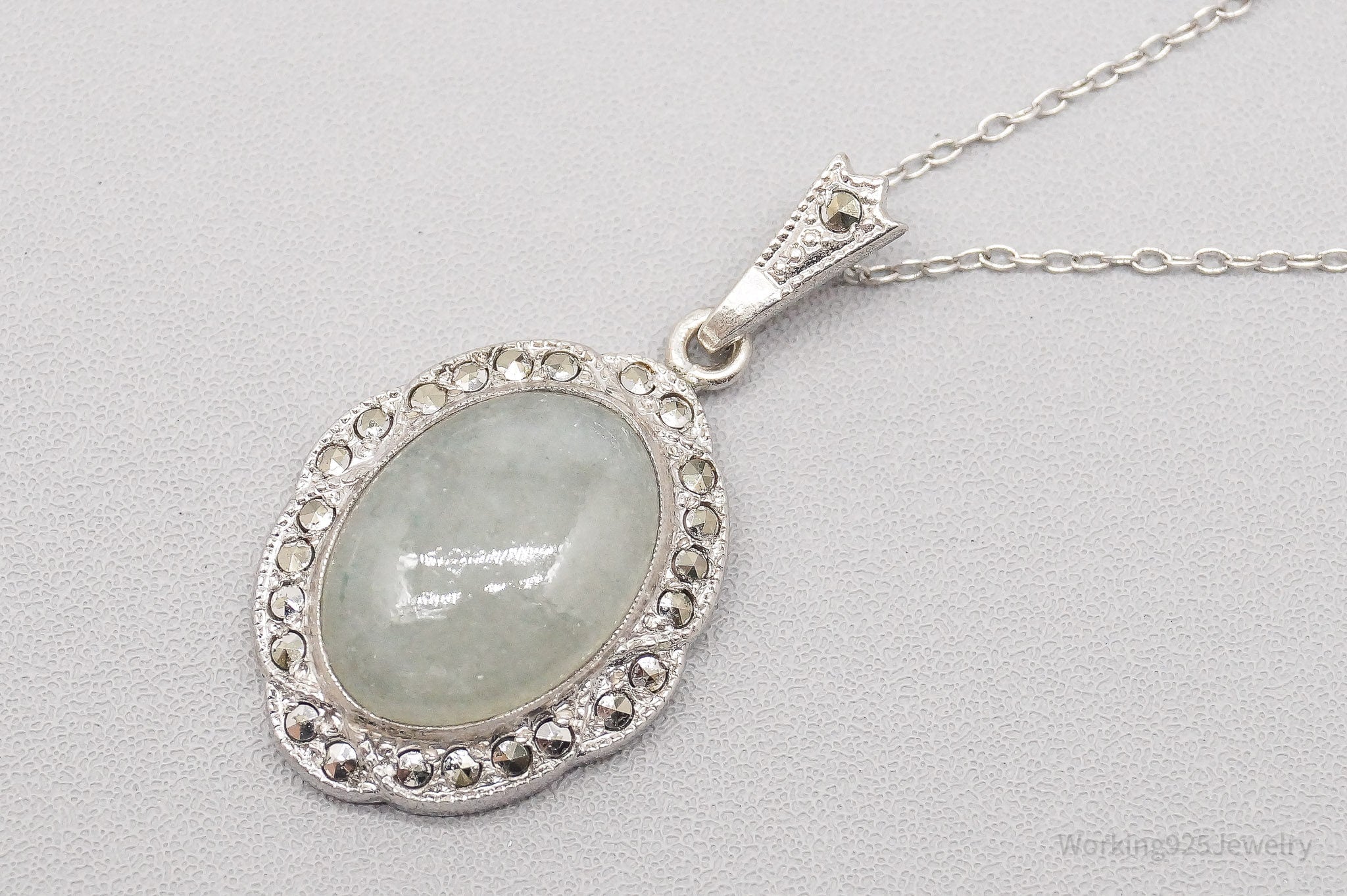 Vintage Theda Jade Marcasite Sterling Silver Necklace 18"