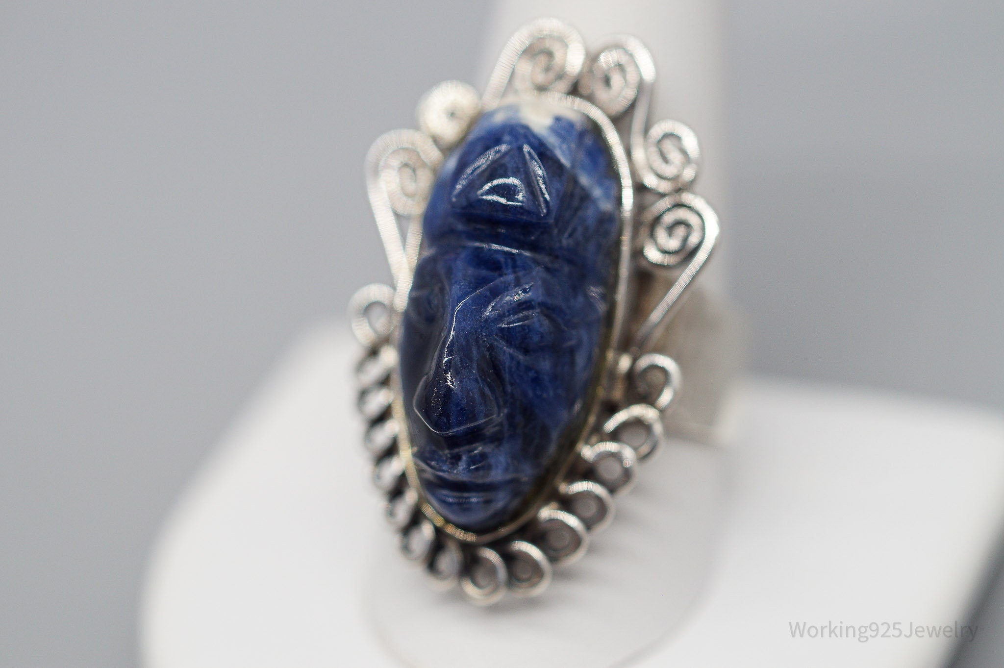 Vintage Carved Sodalite Aztec Mayan Mask Sterling Silver Ring Size 10.5