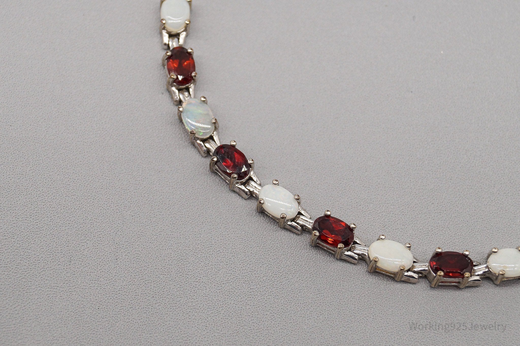 Vintage Garnet & Opal Sterling Silver Plated Bracelet 7 7/8"