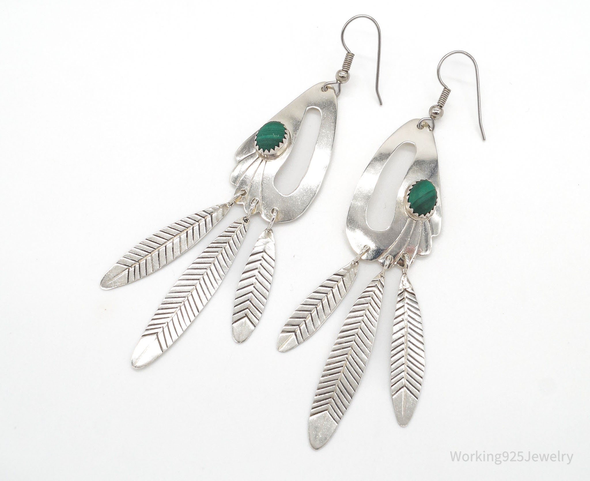 Vintage Native American JL Malachite Sterling Silver Earrings
