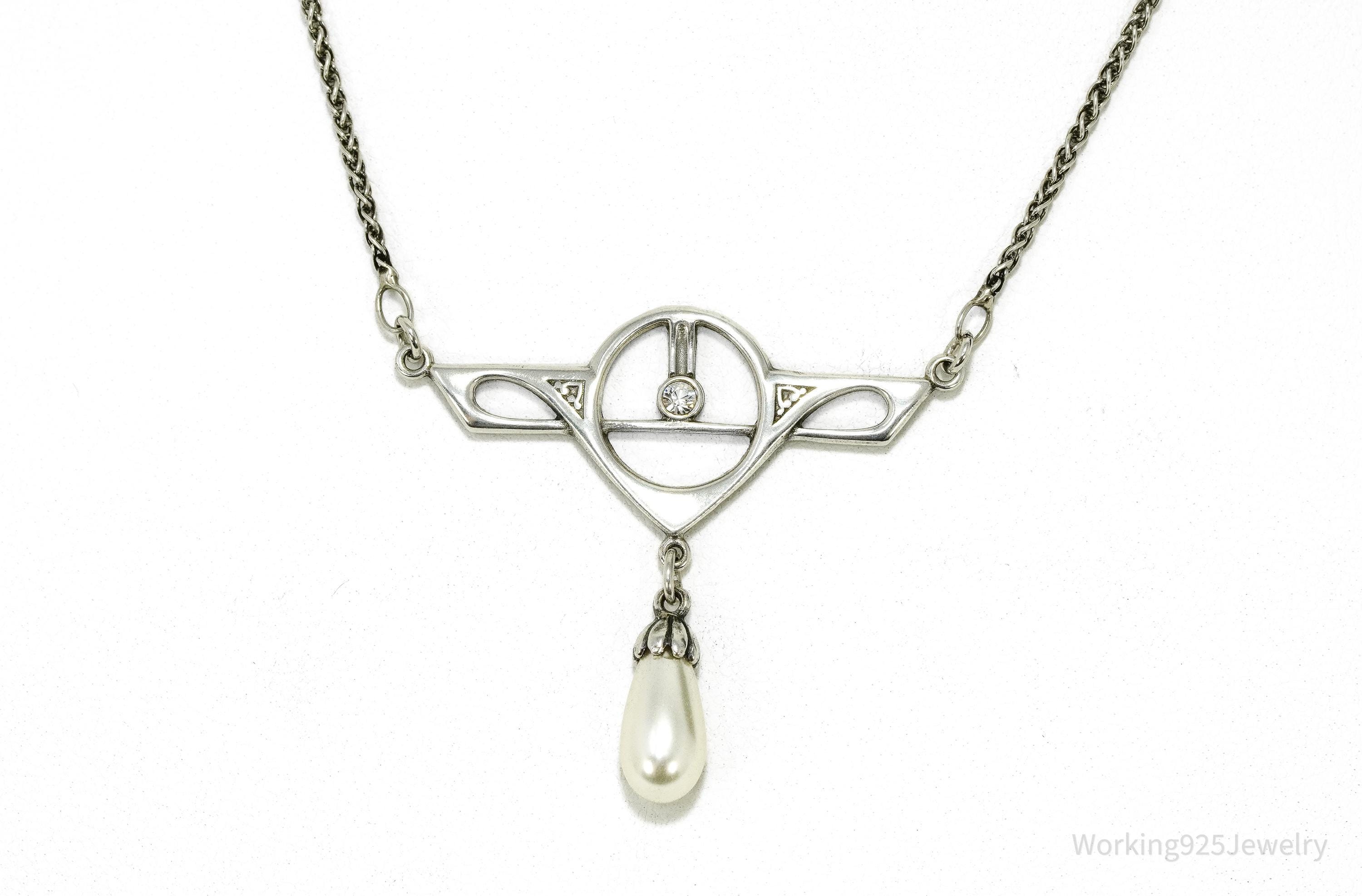 Vintage Art Nouveau Style Pearl & Swarovski Crystal Sterling Silver Necklace 15"