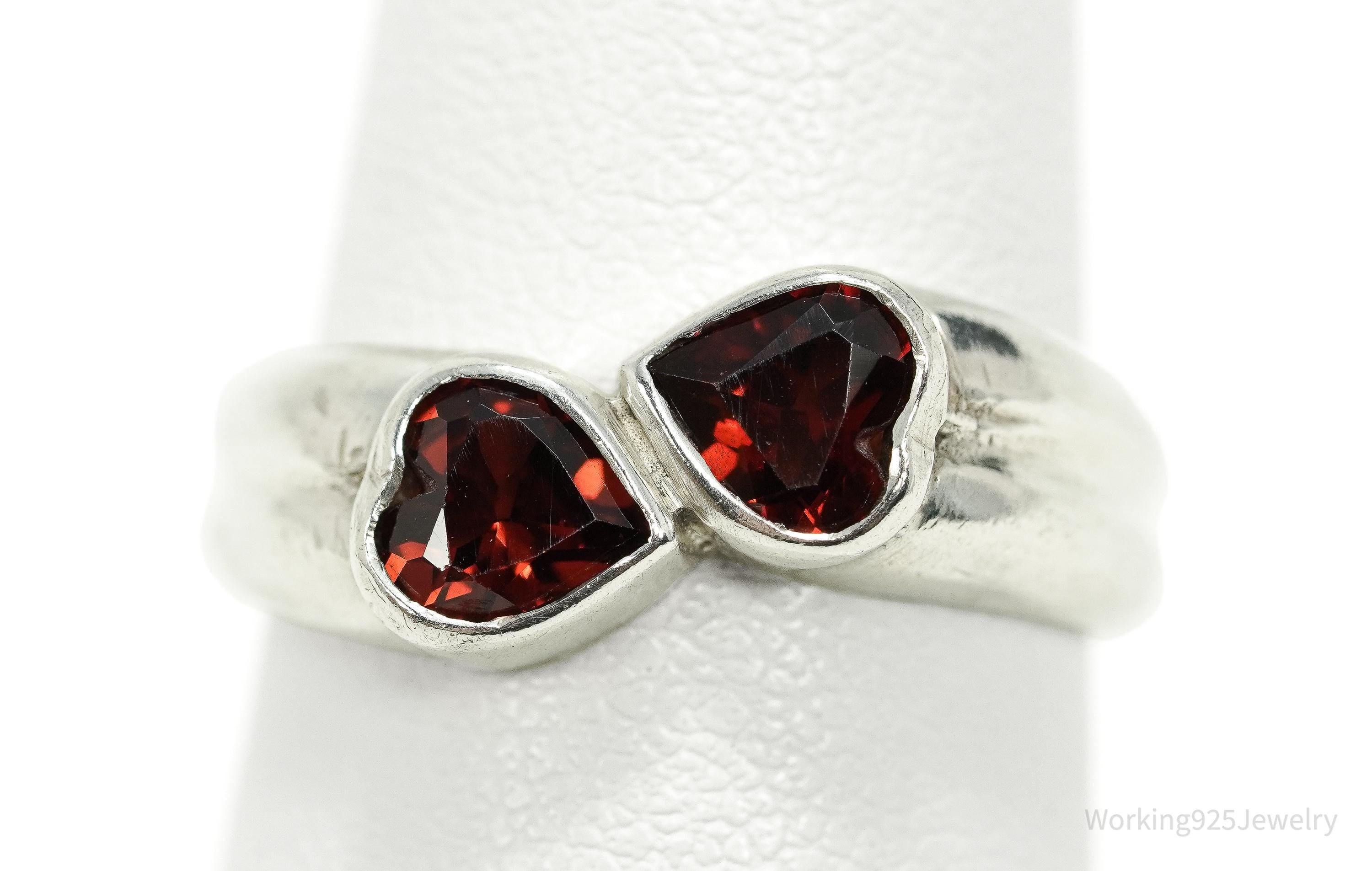 Vintage Garnet Hearts Sterling Silver Ring - Size 7.25