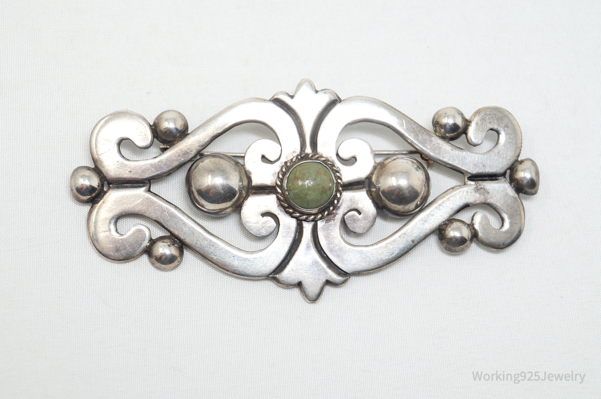 Large Vintage Taxco Mexico Turquoise Modernist 980 Silver Brooch Pin