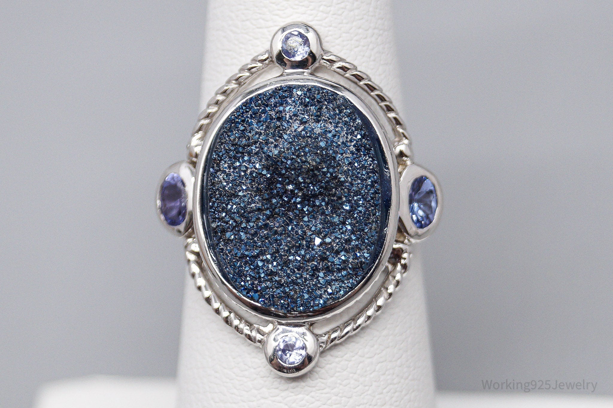 Vintage Blue Druzy Quartz & Tanzanite Sterling Silver Ring - Size 6