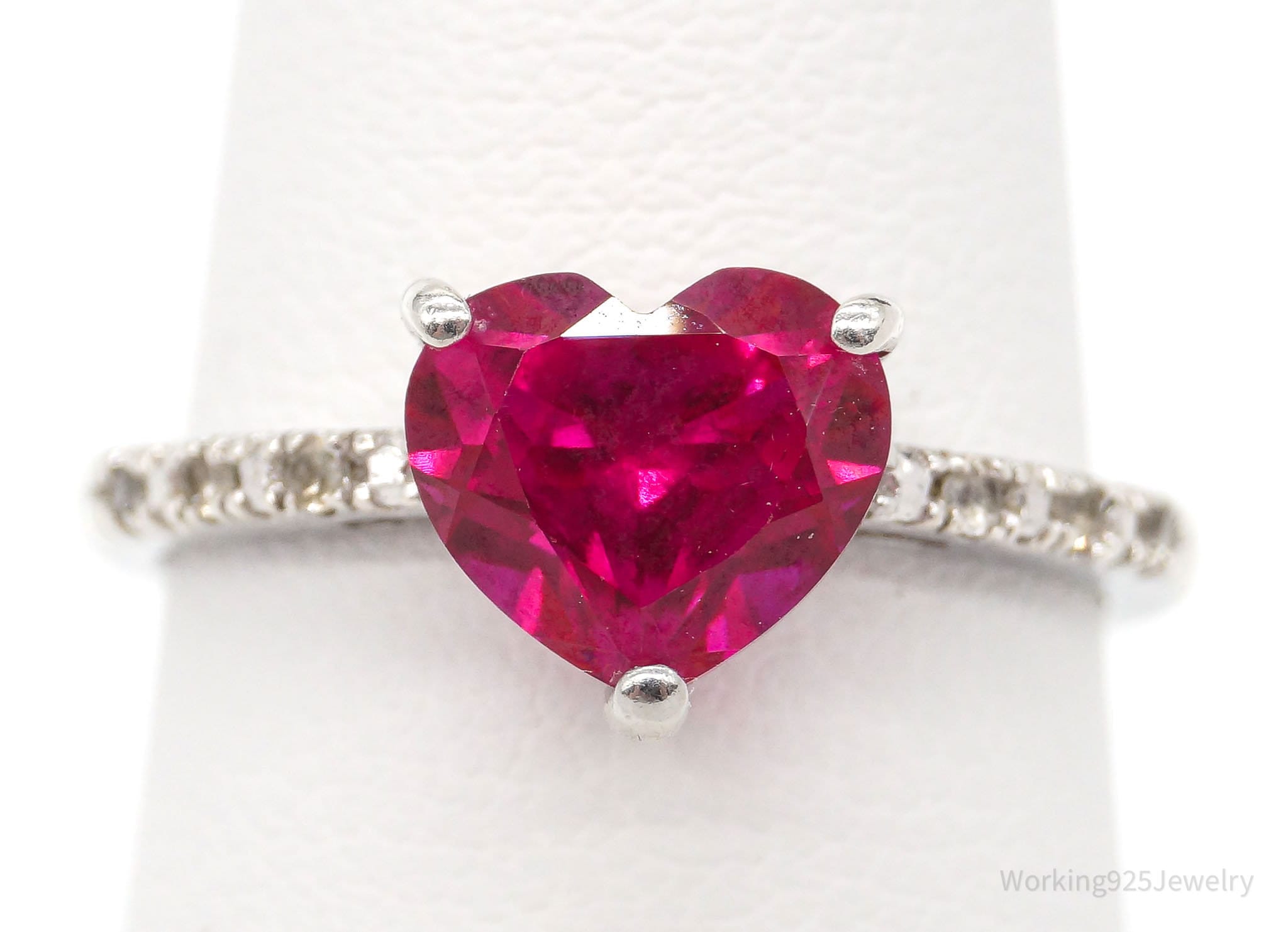 Vintage Ruby Heart Cubic Zirconia Sterling Silver Ring - Size 6.75