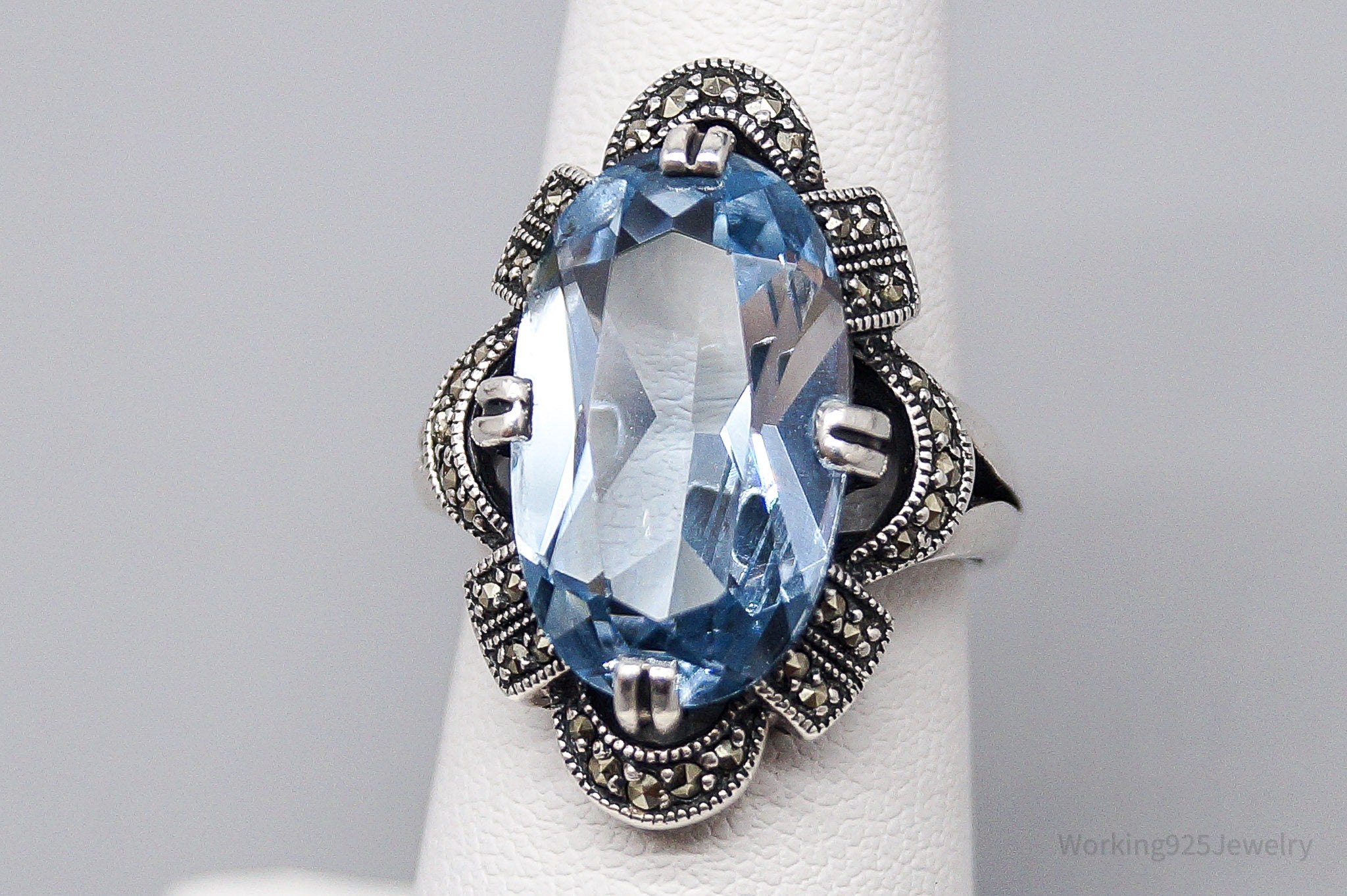 Vintage Blue Topaz & Marcasite Art Deco Sterling Silver Ring - Size 6