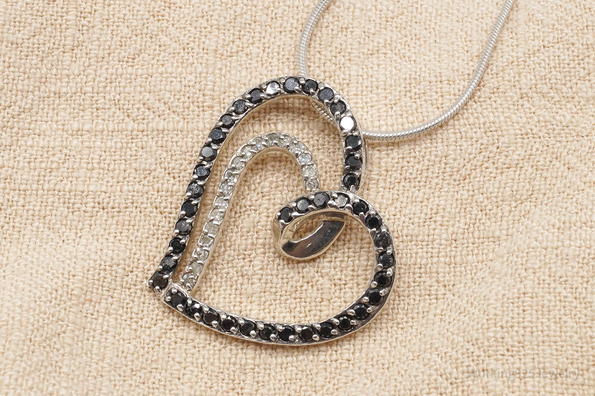 Vintage Black & White Diamond Heart Sterling Silver Necklace 24"