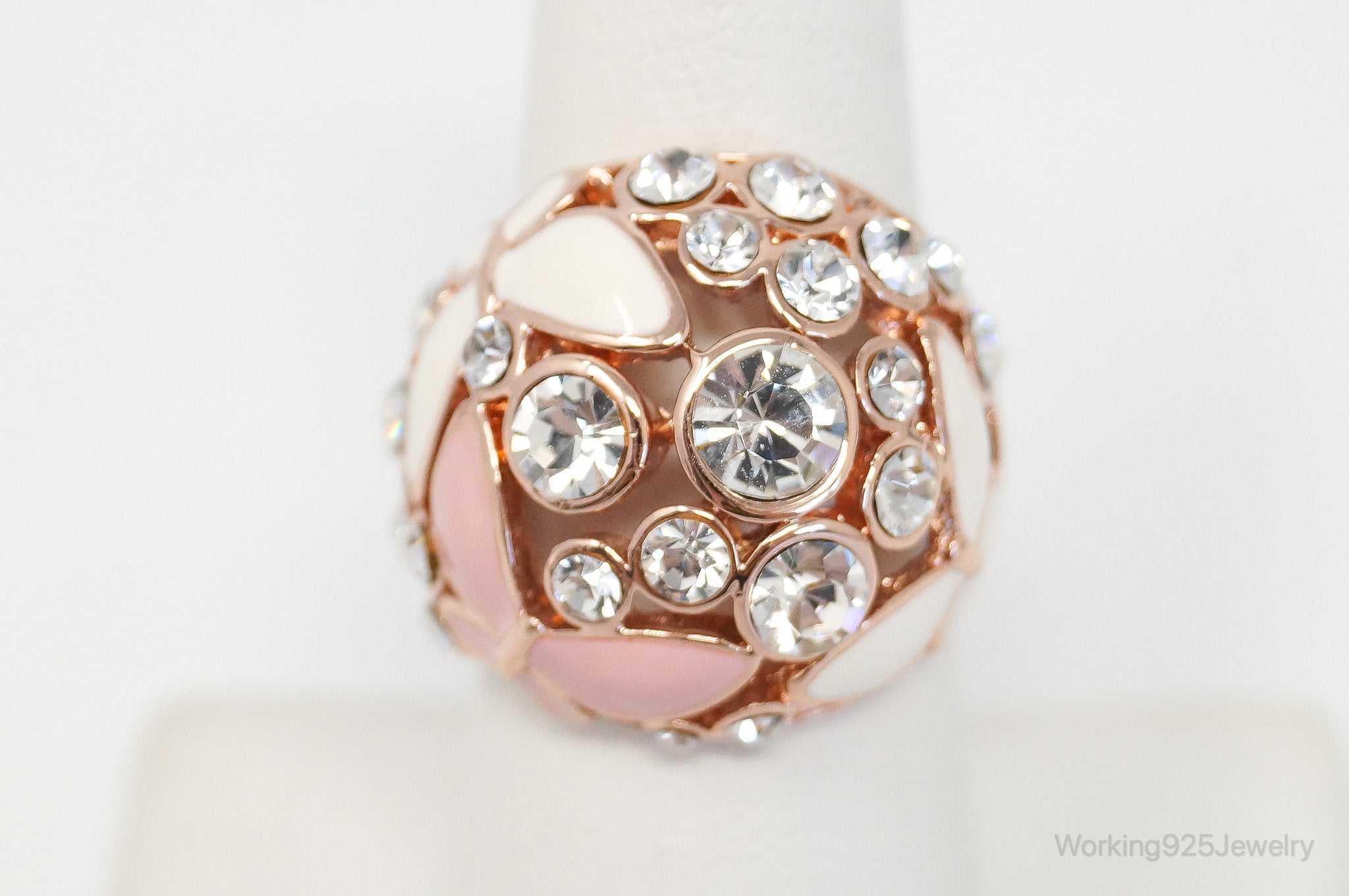 VTG Rose Gold Enamel Crystals & Butterflies Statement Costume Ring Size 7