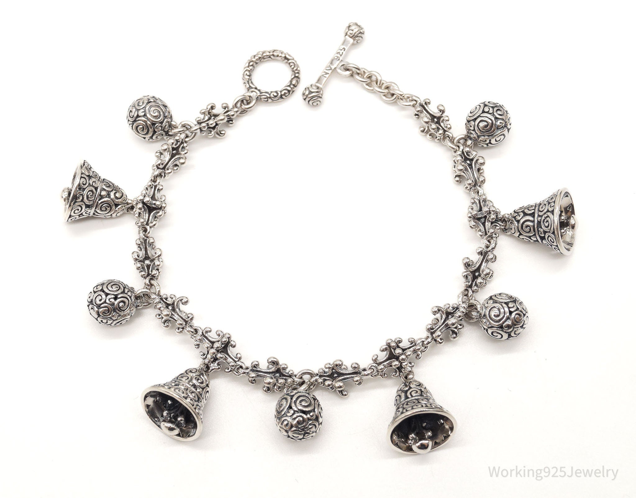 Vintage Designer "Borobudur Bell" Sterling Silver Bell Charms Bracelet