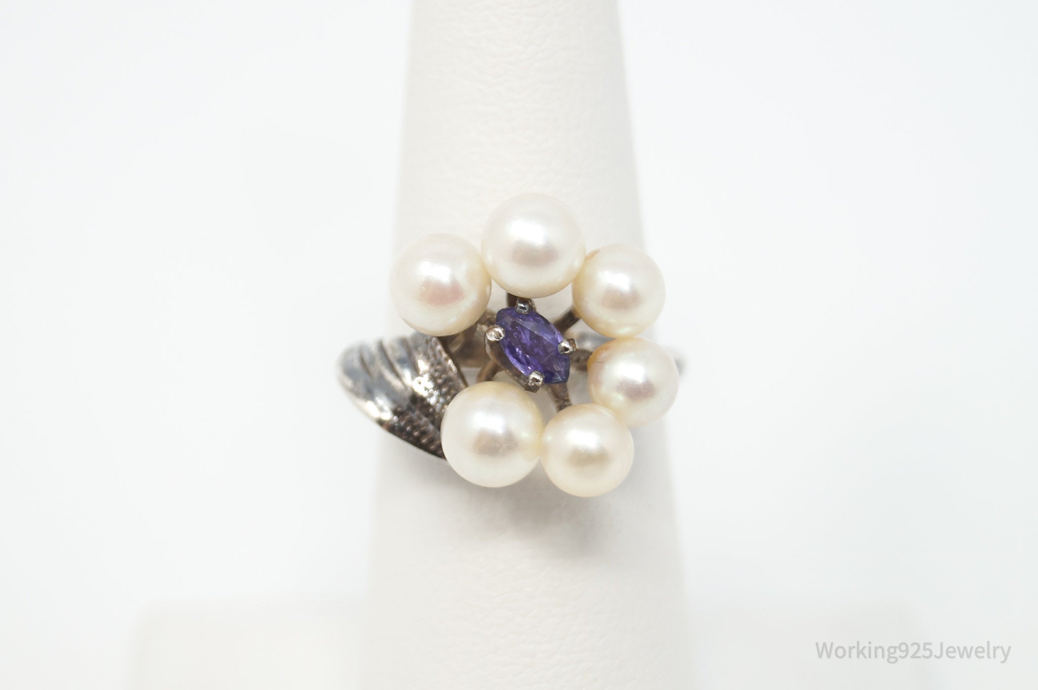 Antique Amethyst Pearl Sterling Silver Ring - Sz 6.25