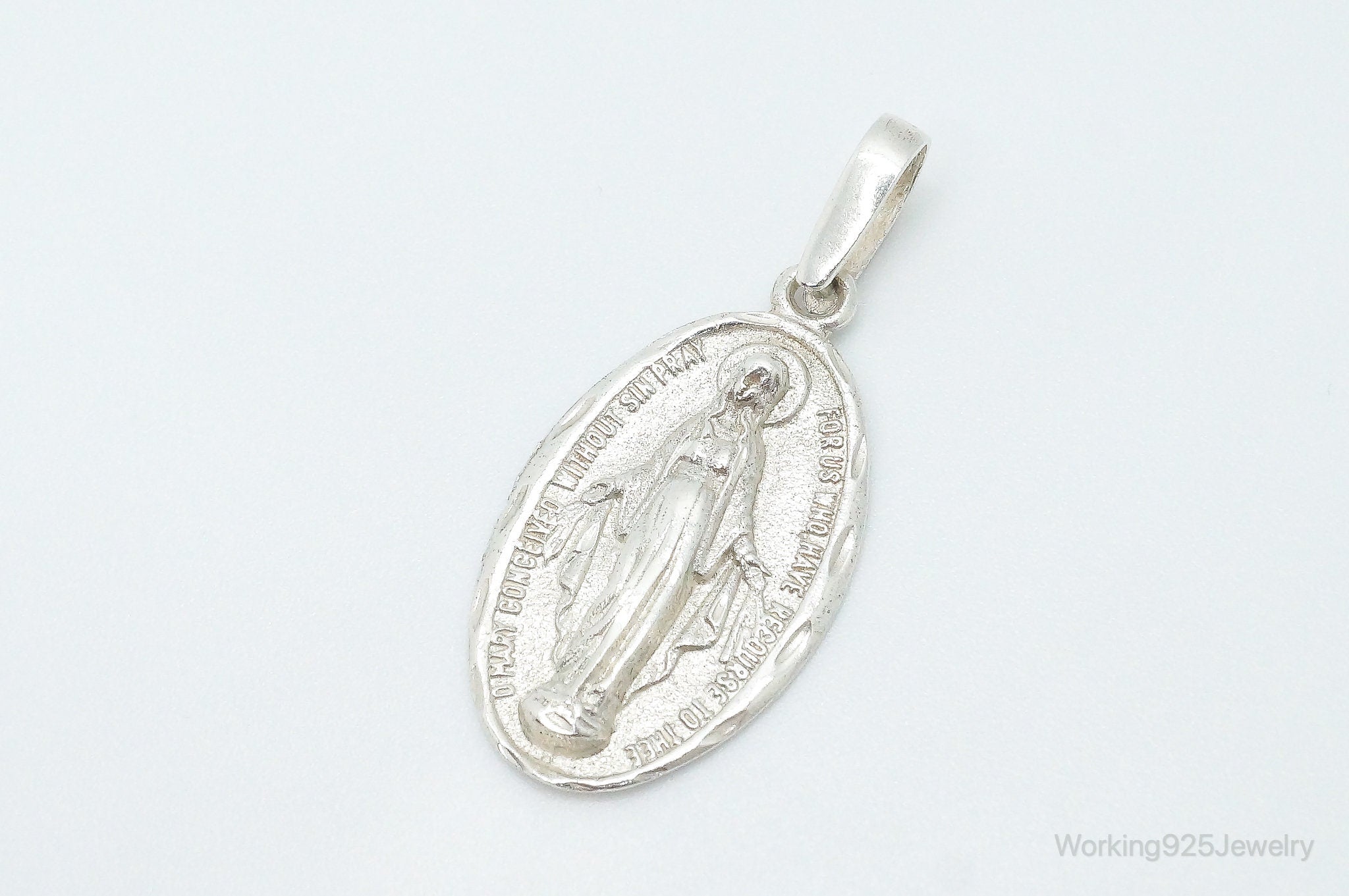 Antique Mary Pray For Us Sterling Silver Pendant Charm