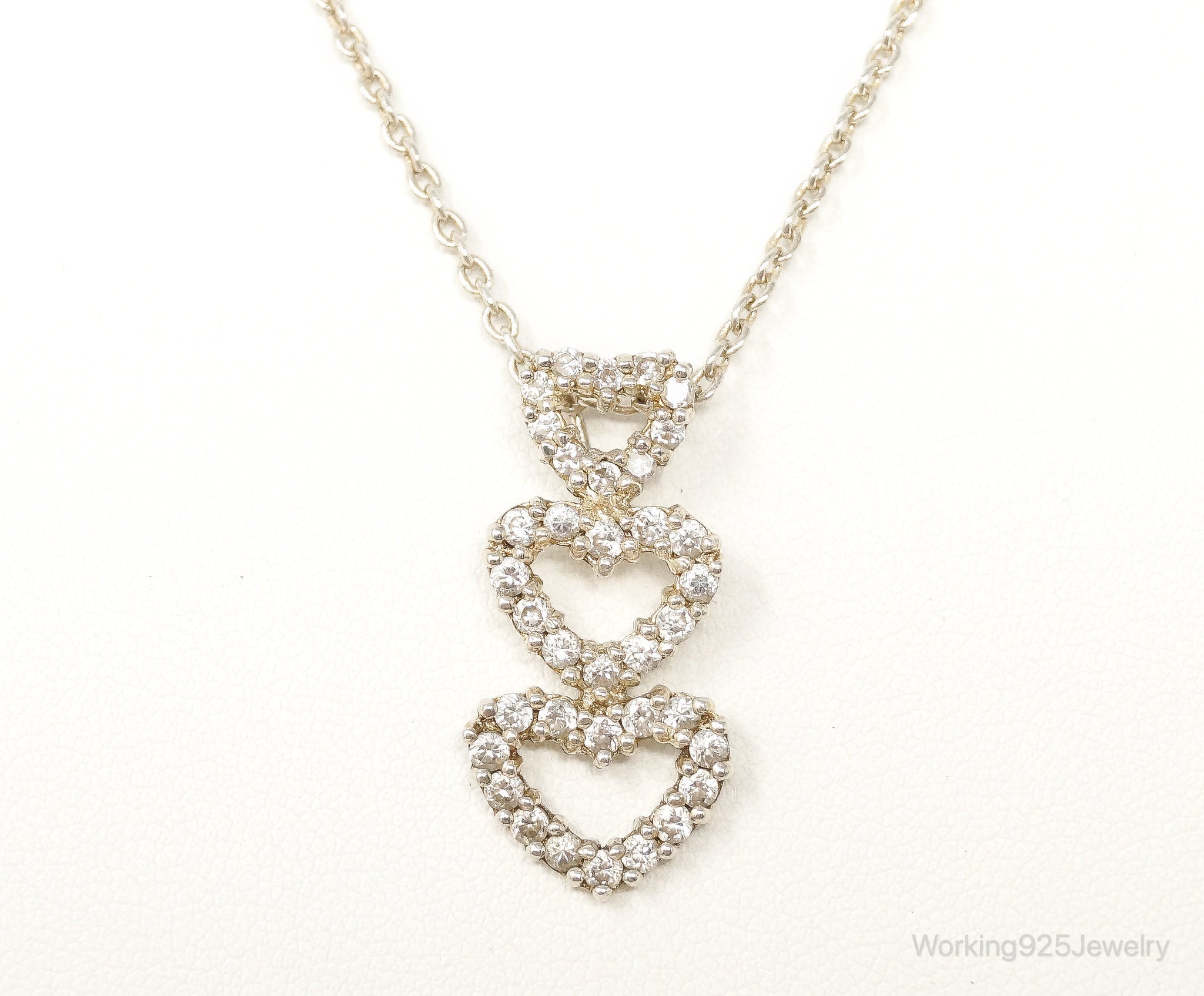 Vintage Open Hearts Cubic Zirconia Sterling Silver Necklace