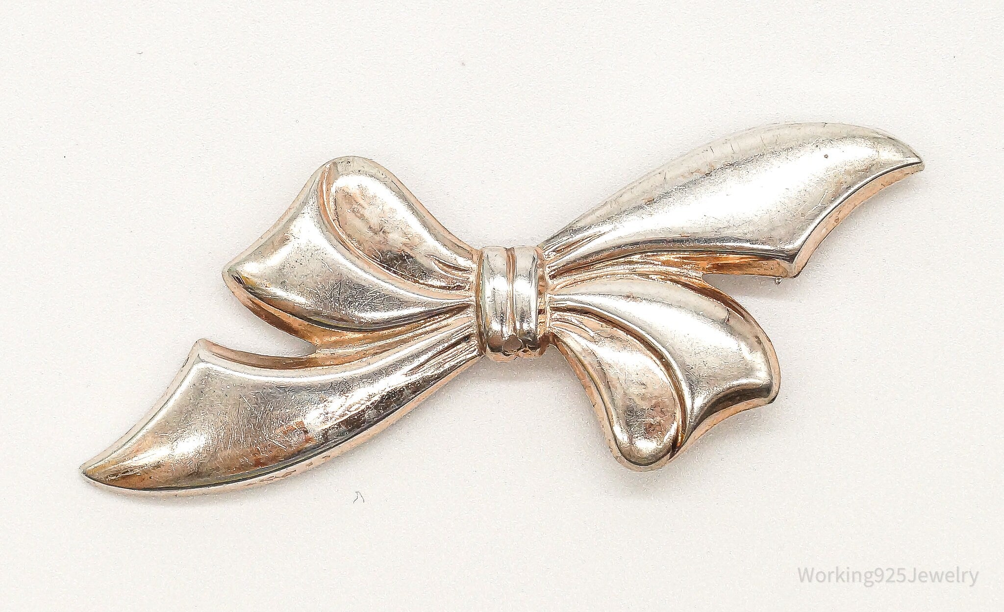 Antique Large Bow Tie Rose Gold Wash Sterling Silver Brooch Pin