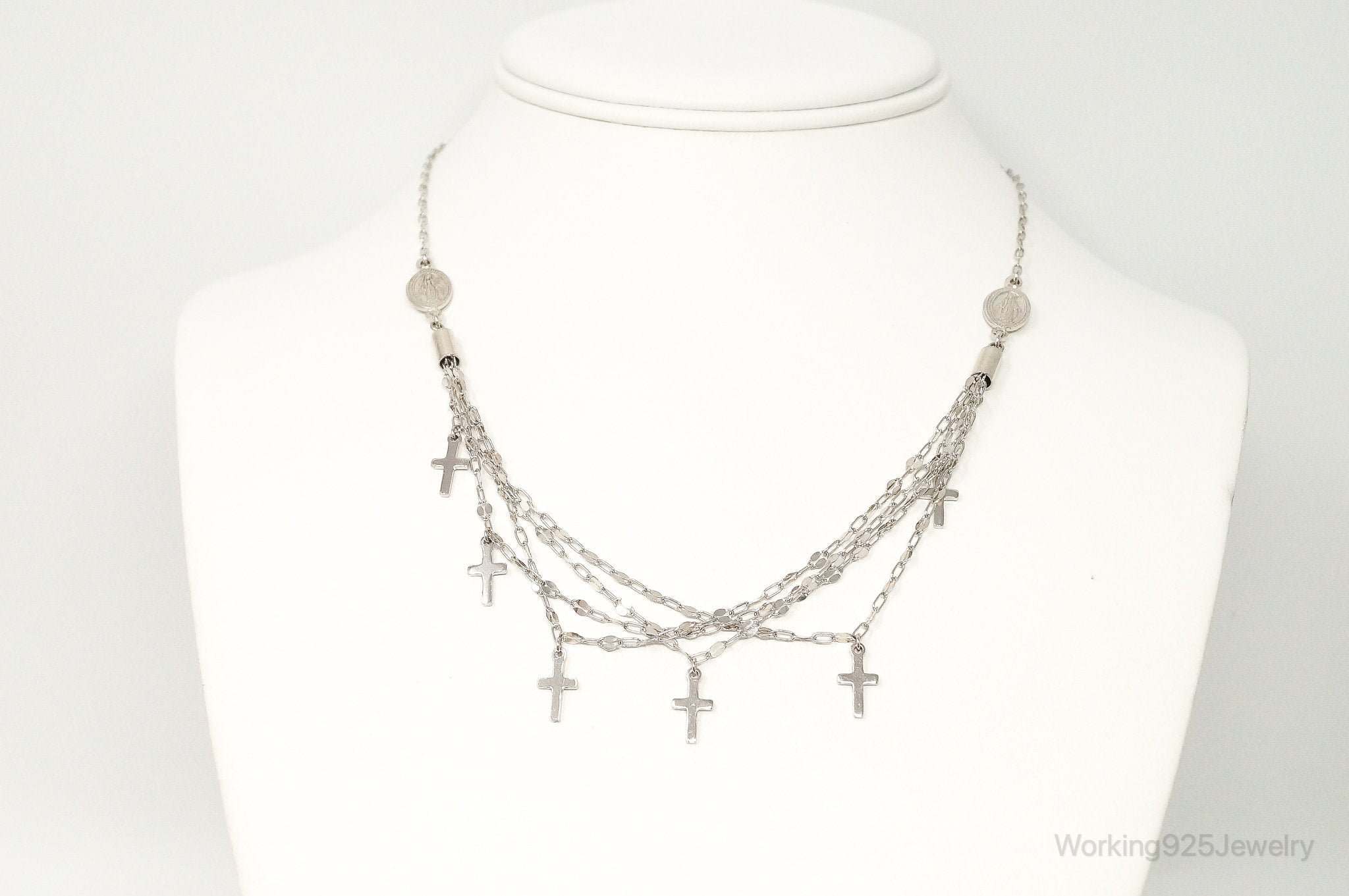 Designer Dyadema Crosses & Miraculous Mary Medals Sterling Silver Necklace
