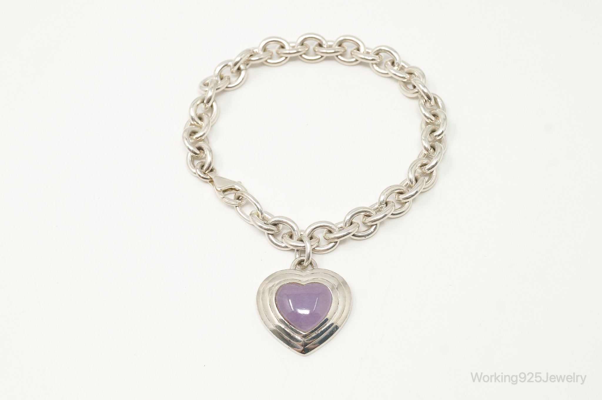 Designer CNA Purple Jade Heart Chain Link Sterling Silver Bracelet