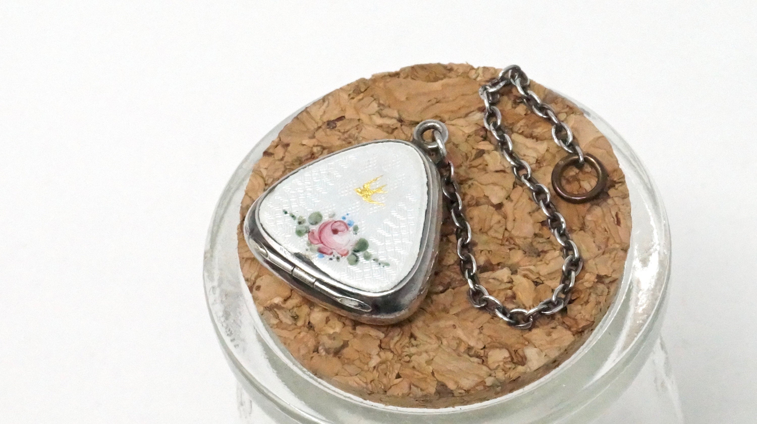 Antique 1800s Bliss Bros Co Floral Enamel Rose Sparrow Sterling Silver Pill Box