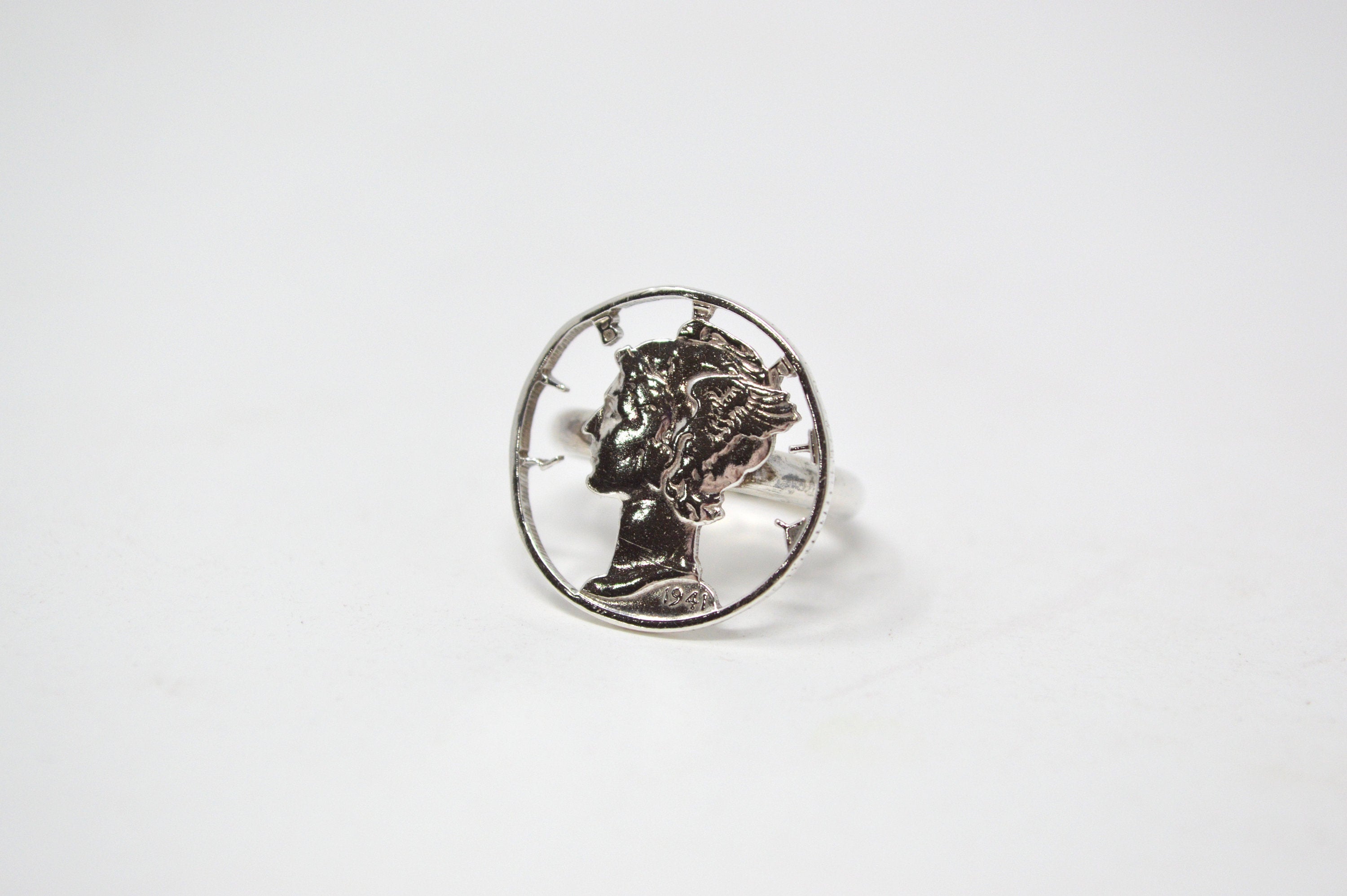 Antique 1941 Mercury Dime Sterling Silver Cutout Ring - Size 4.5 - Coin Jewelry