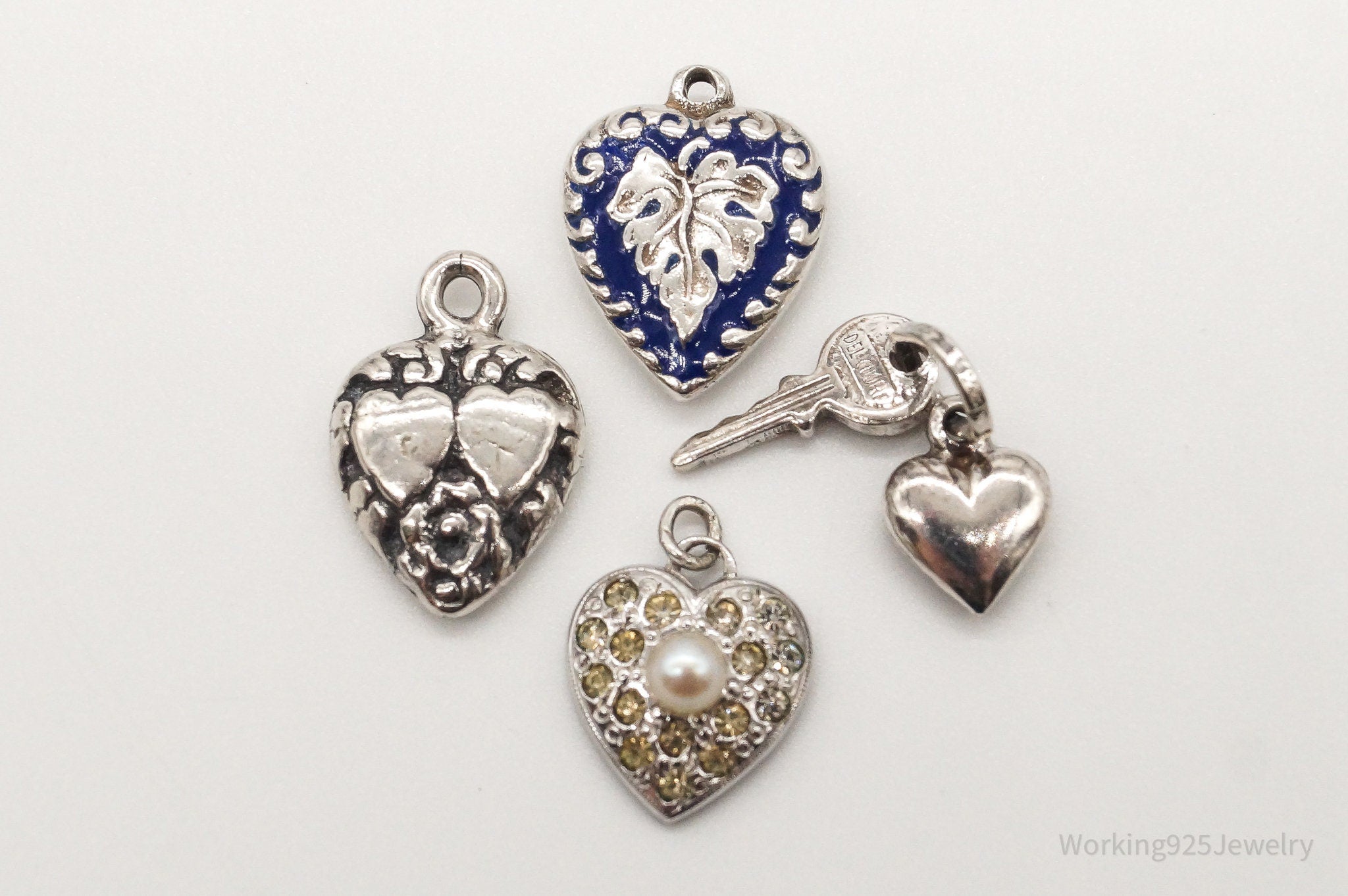 Antique Puffy Hearts Sterling Silver Bracelet Charms Set Lot