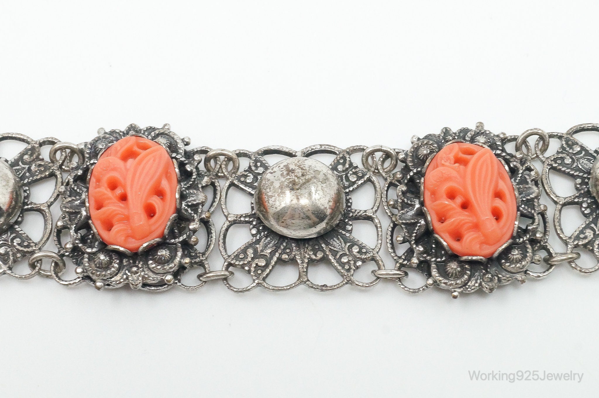 Antique Carved Coral Sterling Silver Bracelet
