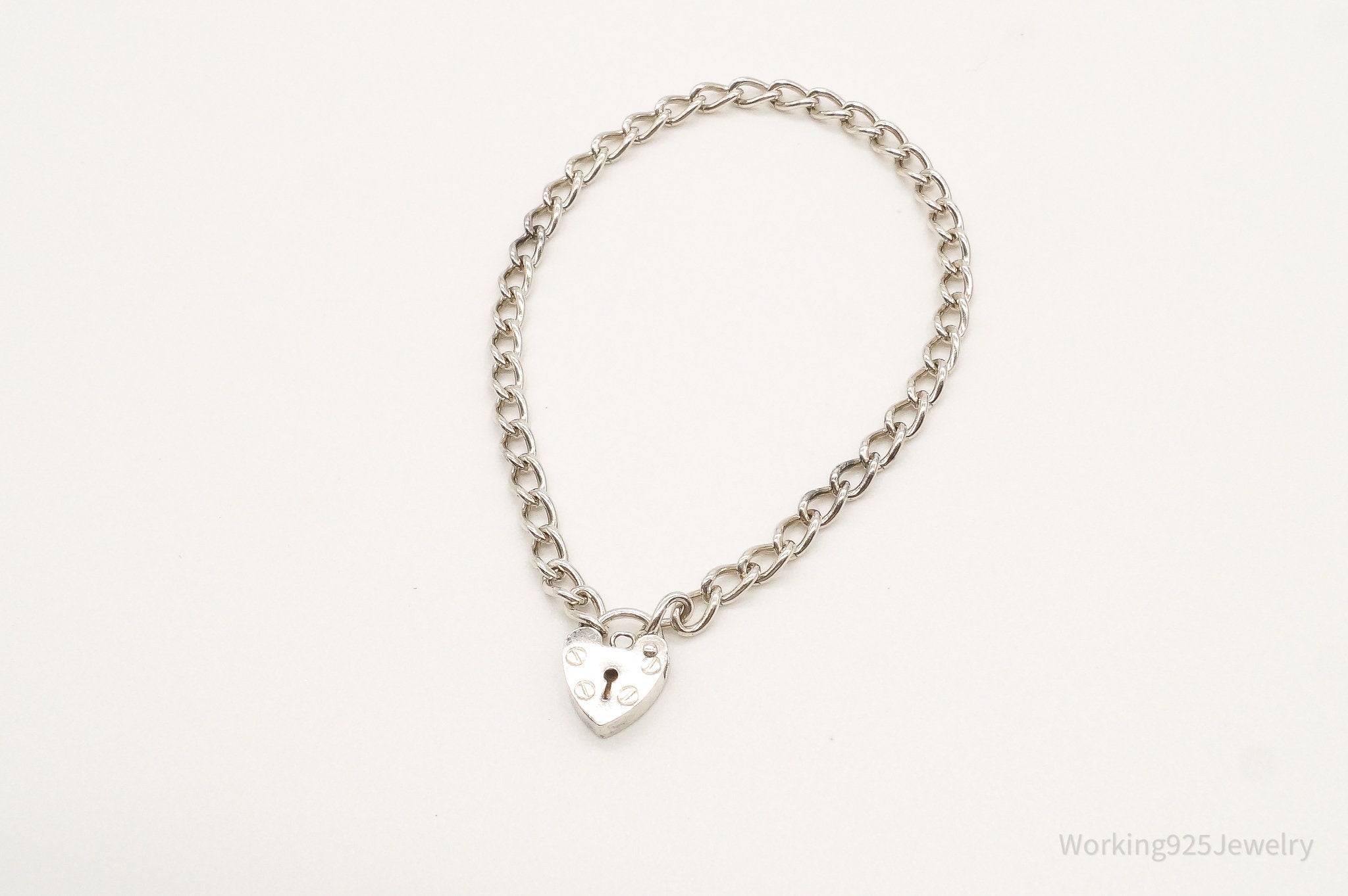 Antique Heart Lock Charm Lover Sterling Silver Chainlink Bracelet
