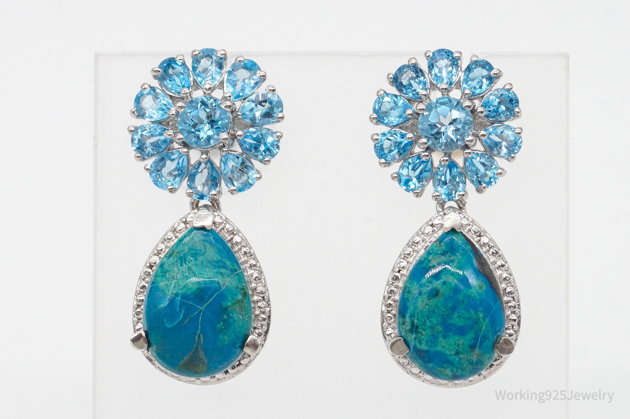 Vintage Blue Topaz Chrysocolla Sterling Silver Flower Earrings